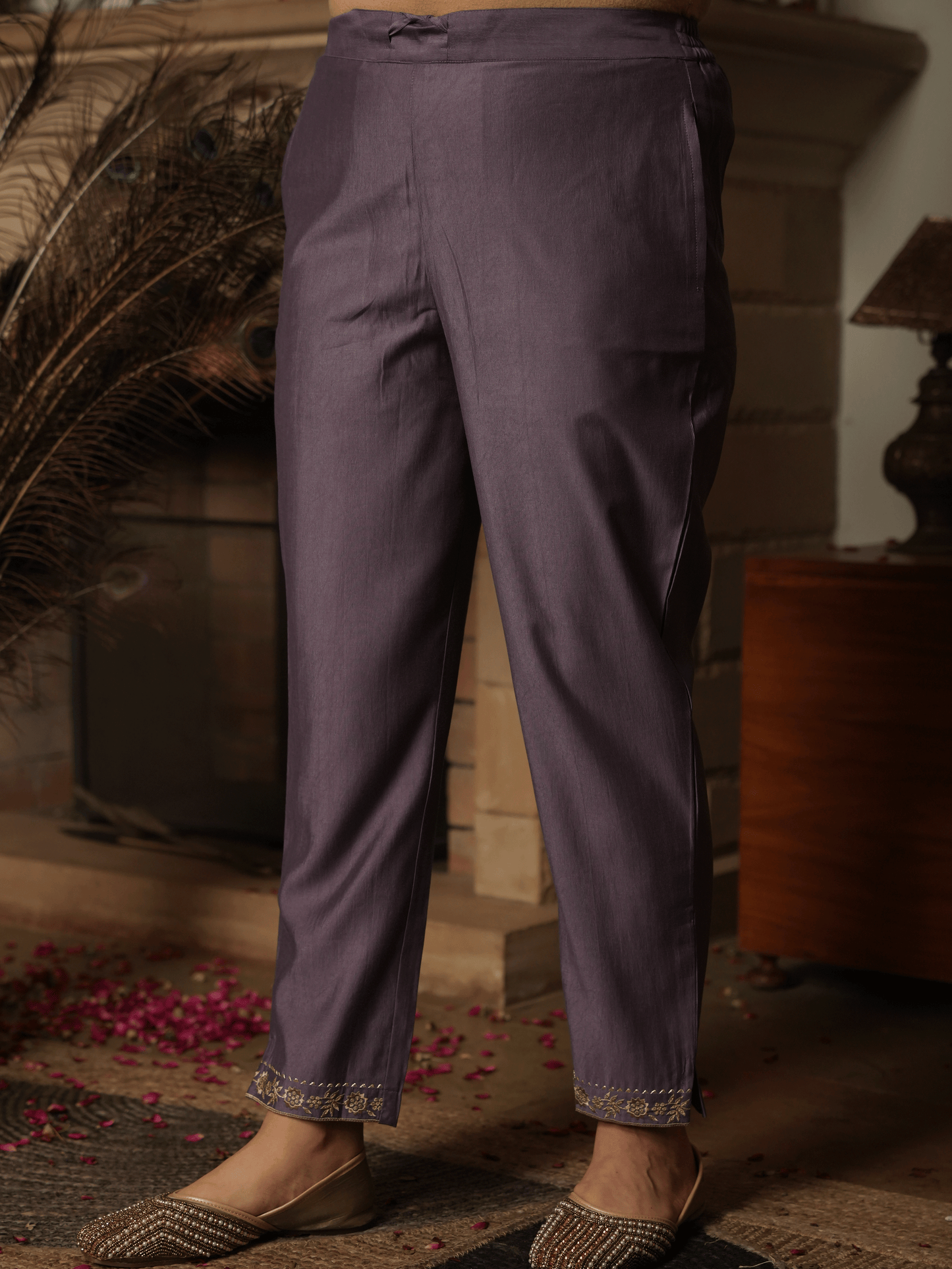 Embroidered Poly Silk Purple Kurta