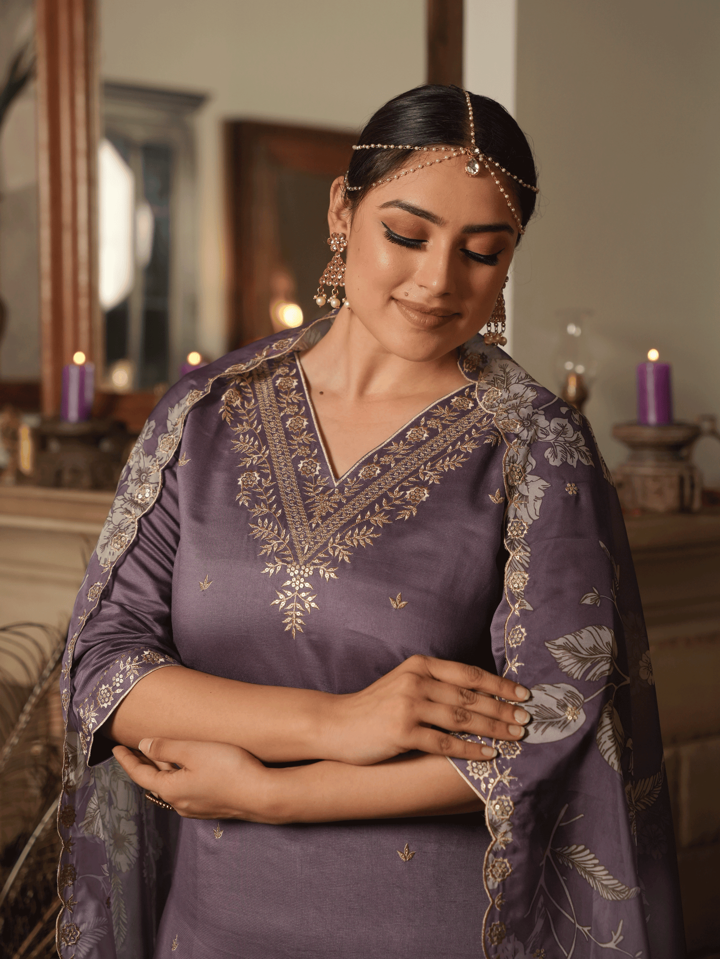 Embroidered Poly Silk Purple Kurta