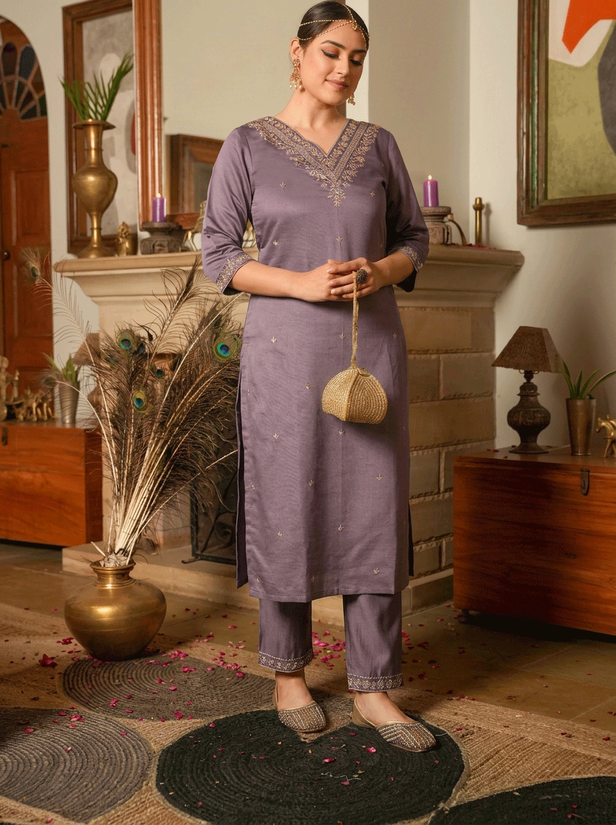 Embroidered Blended Silk Straight Purple Kurta