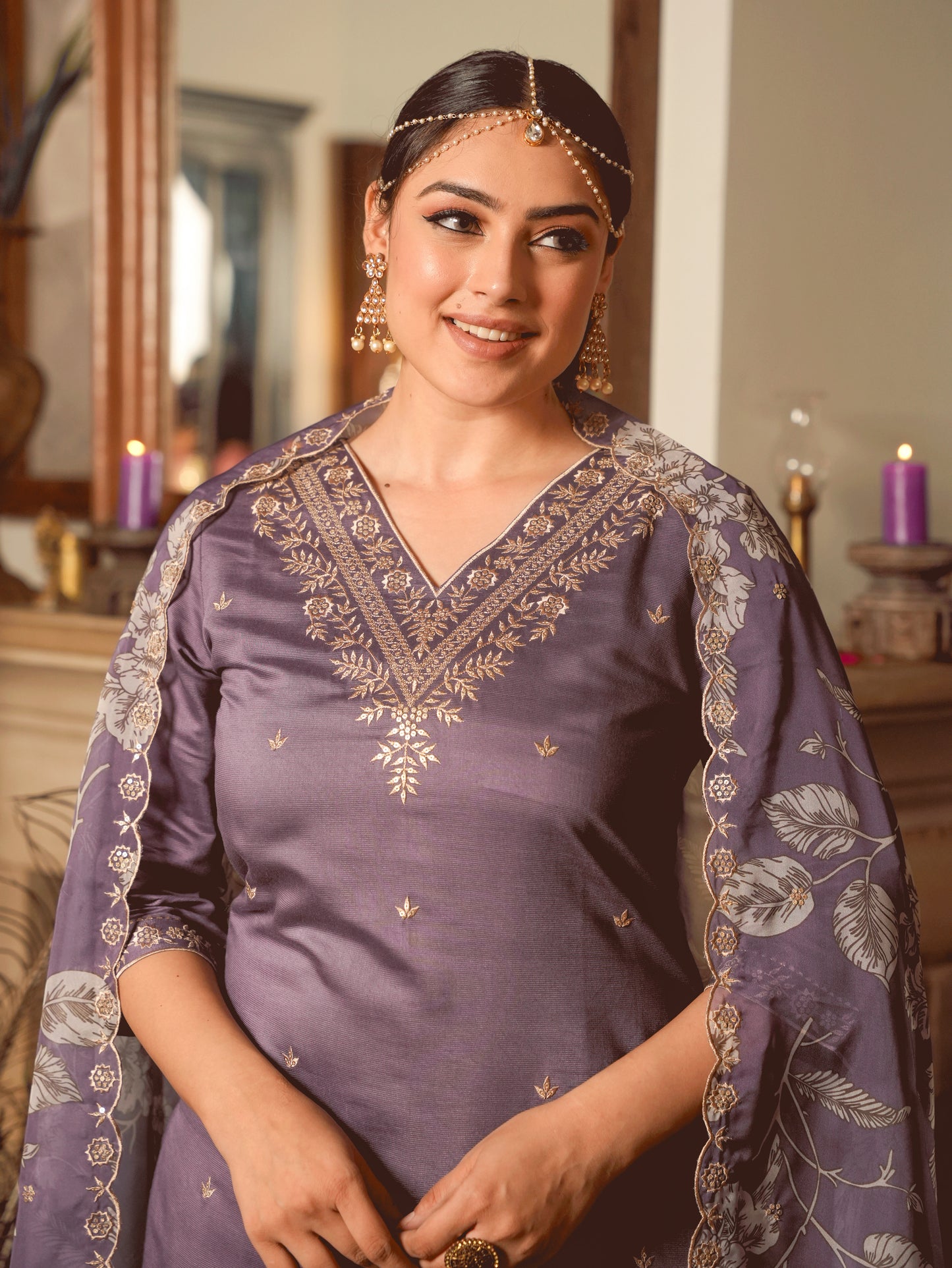Embroidered Blended Silk Straight Purple Kurta
