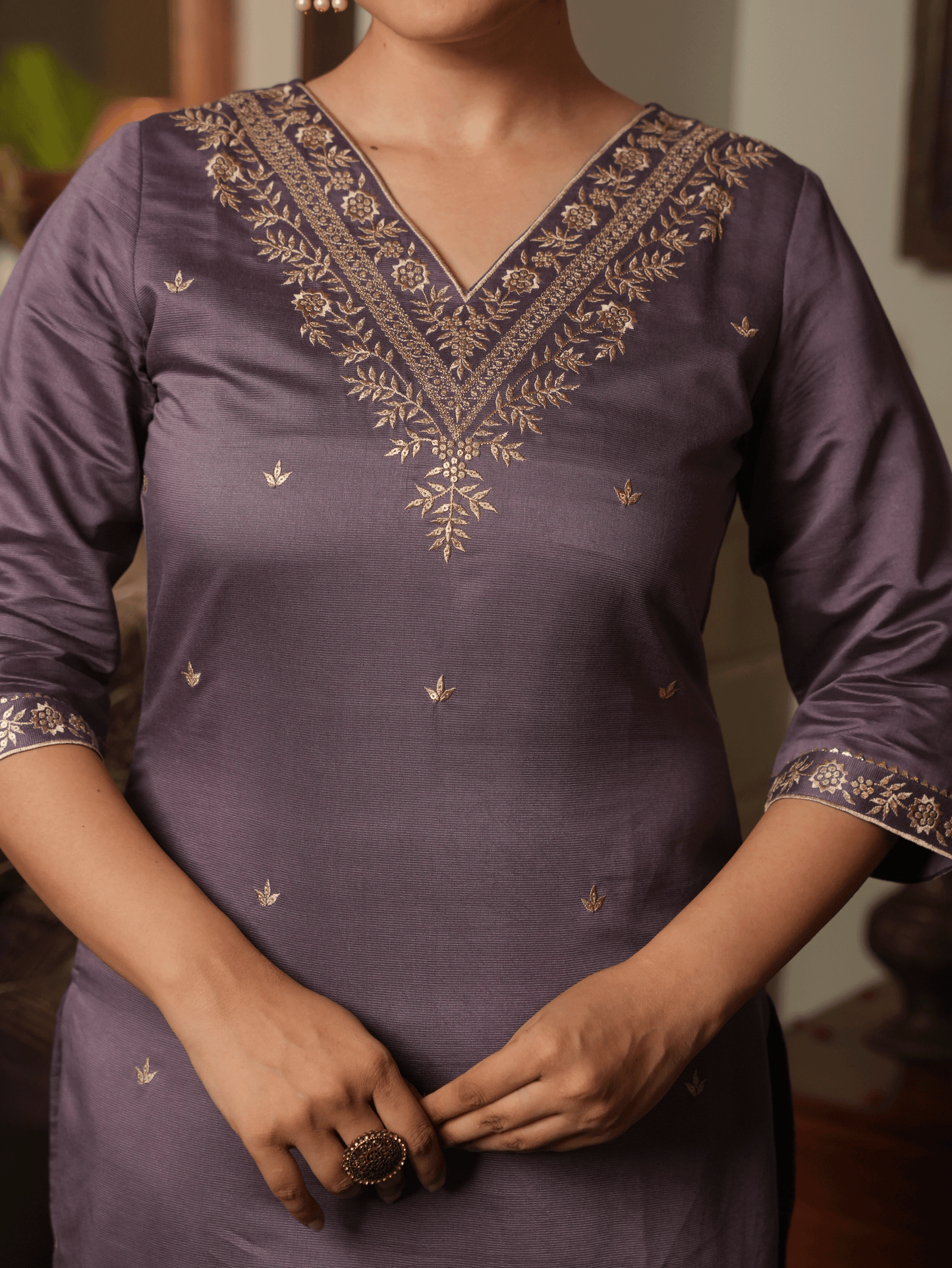 Embroidered Poly Silk Purple Kurta