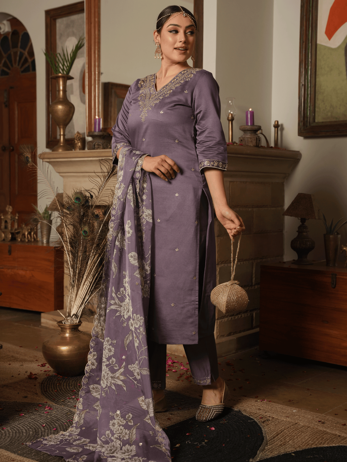 Embroidered Poly Silk Purple Kurta