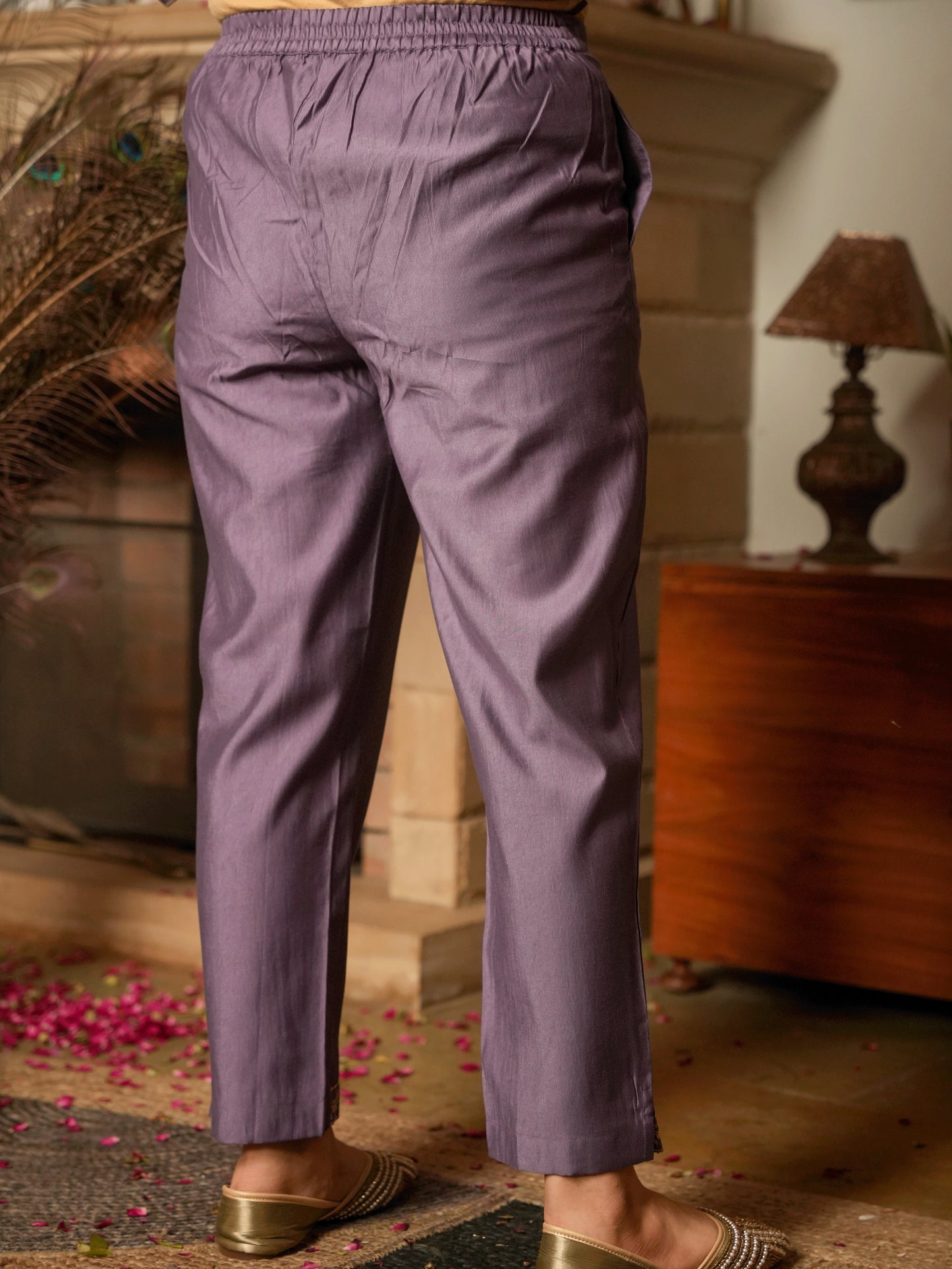 Embroidered Blended Silk Solid Purple Trousers