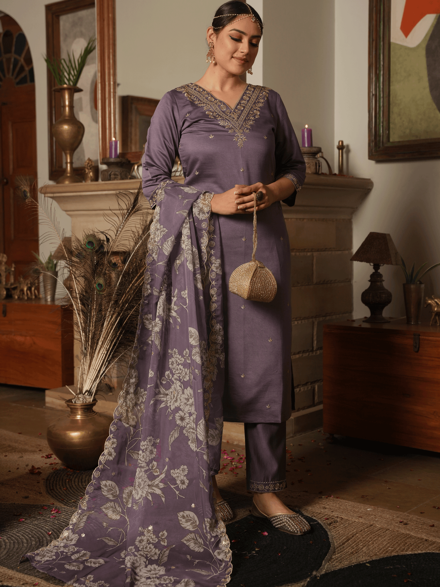 Embroidered Poly Silk Purple Kurta
