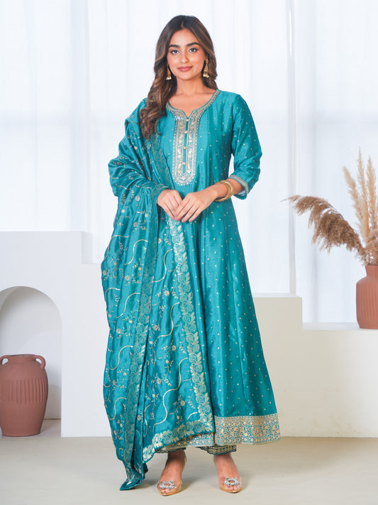 Embroidered Blended Silk Solid Peacock Green Dupatta