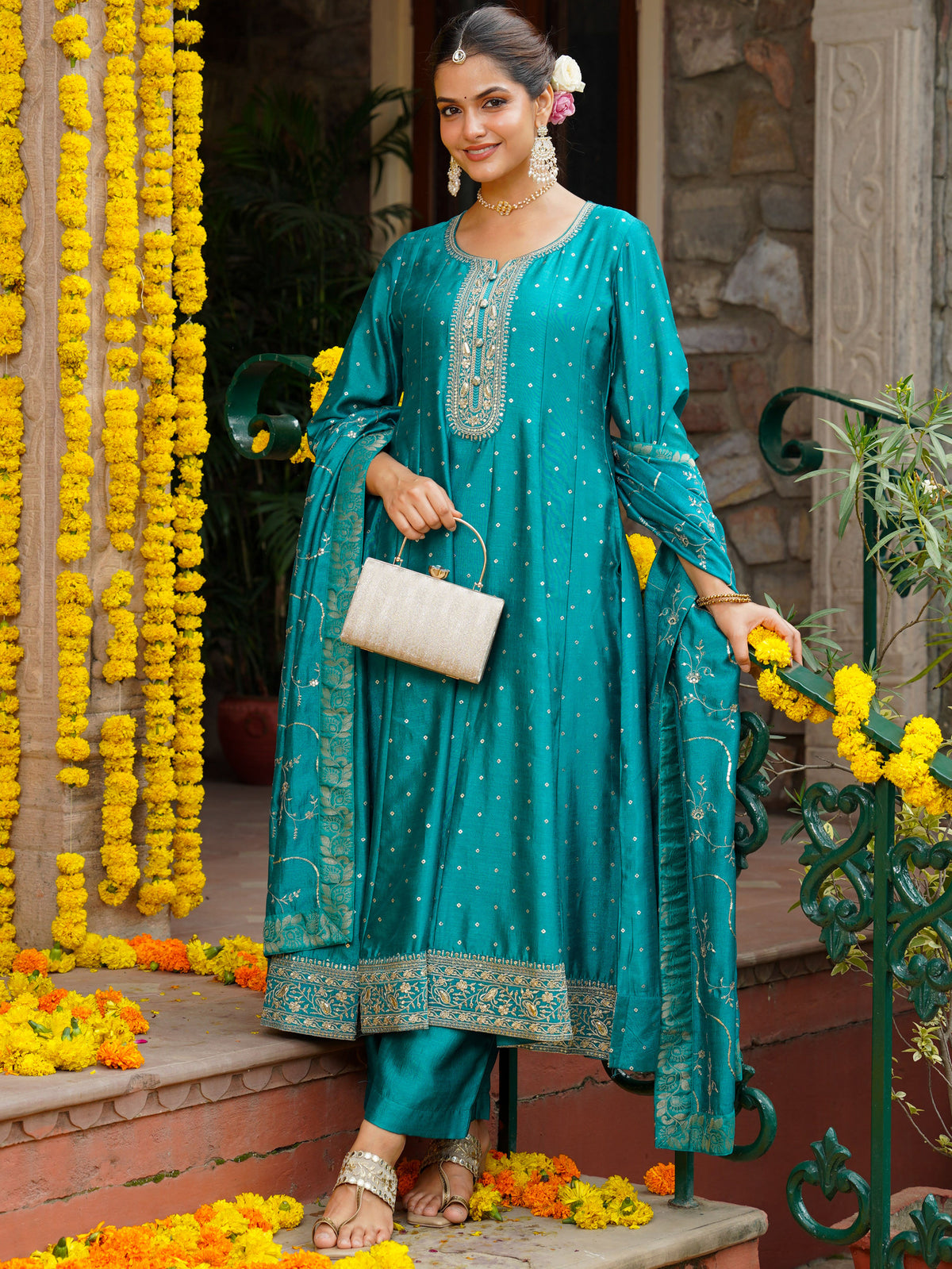 Embroidered Blended Silk Solid Peacock Green Dupatta