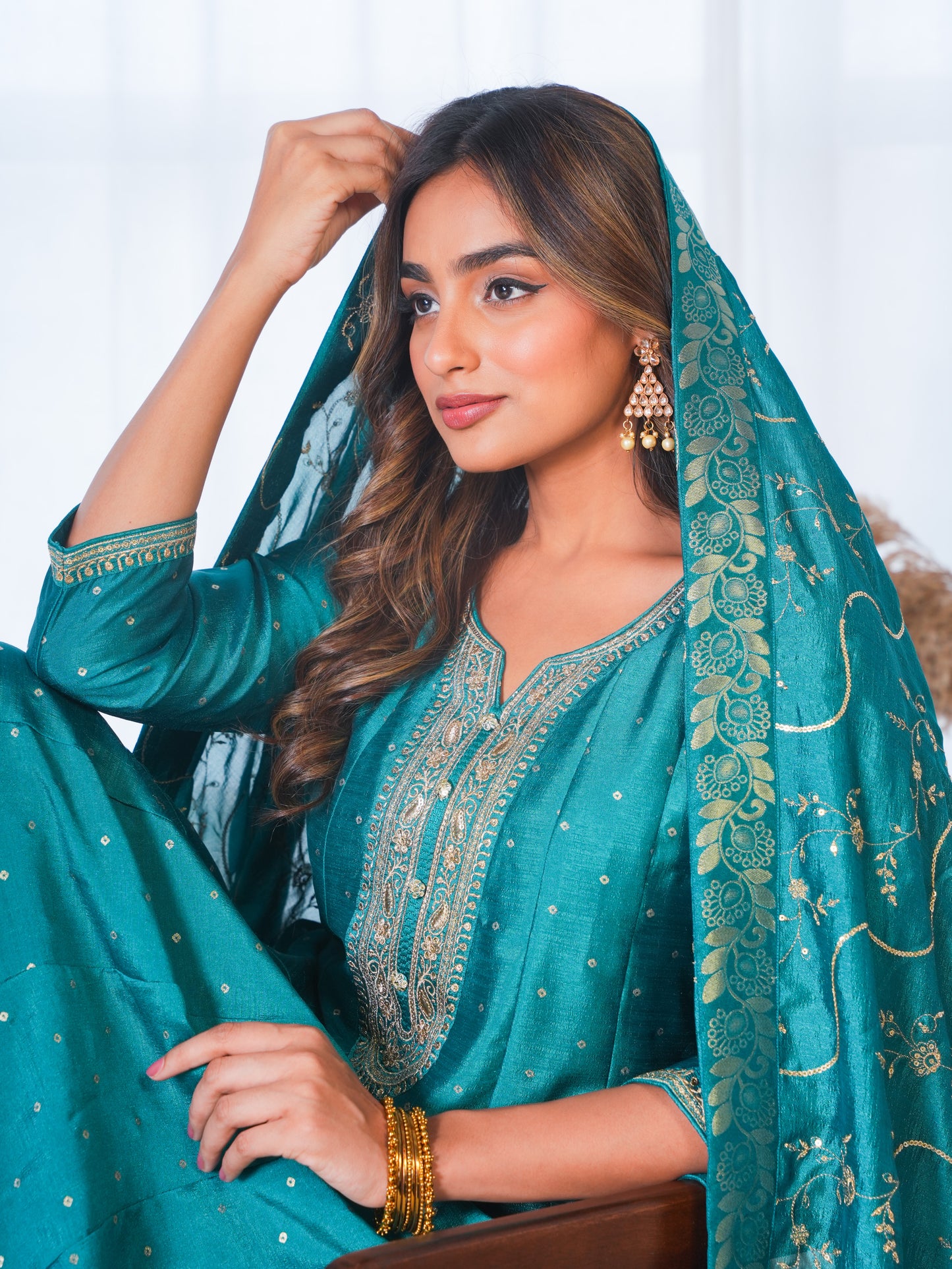 Embroidered Blended Silk Solid Peacock Green Dupatta
