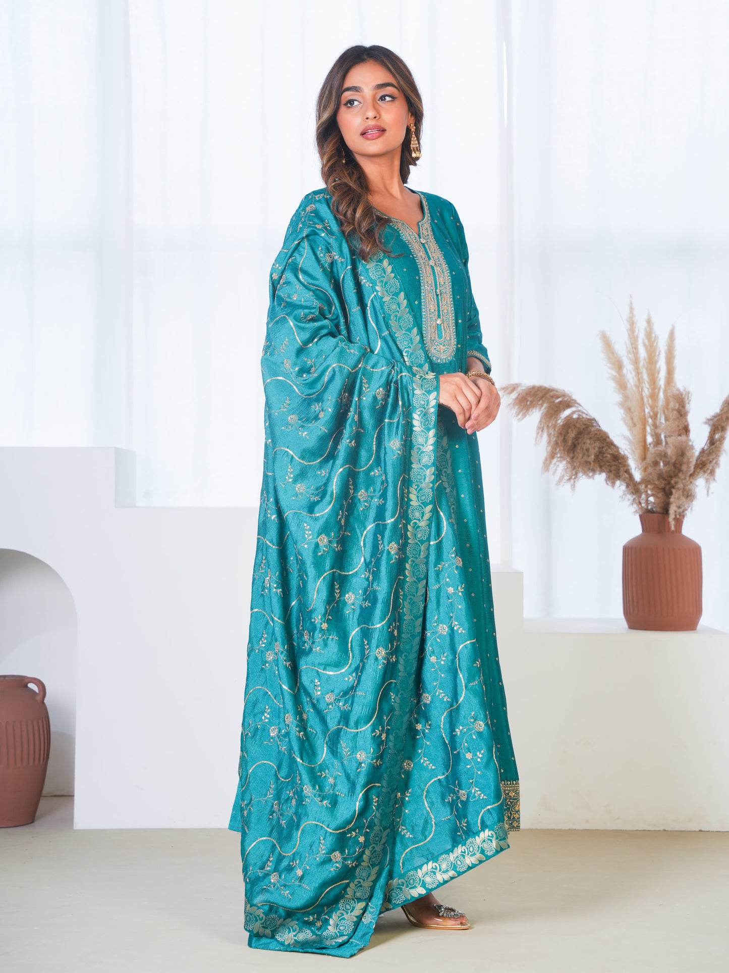 Embroidered Blended Silk Solid Peacock Green Dupatta