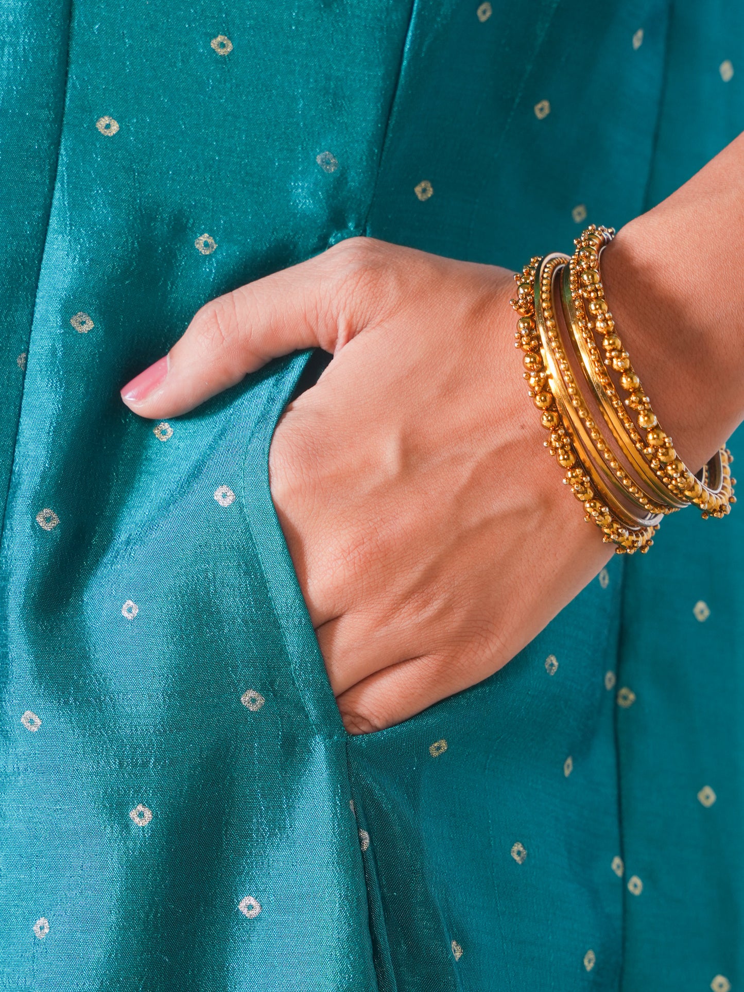 Embroidered Blended Silk Gold foil Peacock Green Kurta