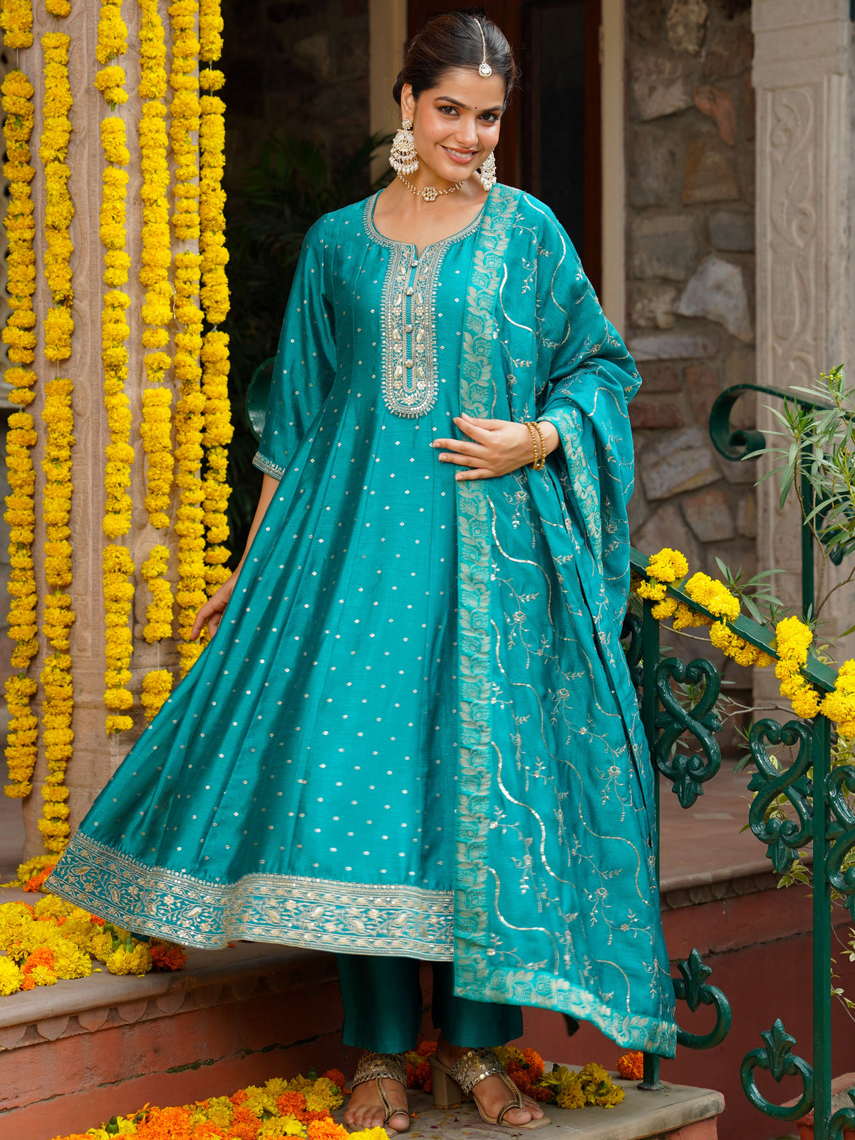 Embroidered Blended Silk Gold Foil Peacock Green Anarakali Kurta