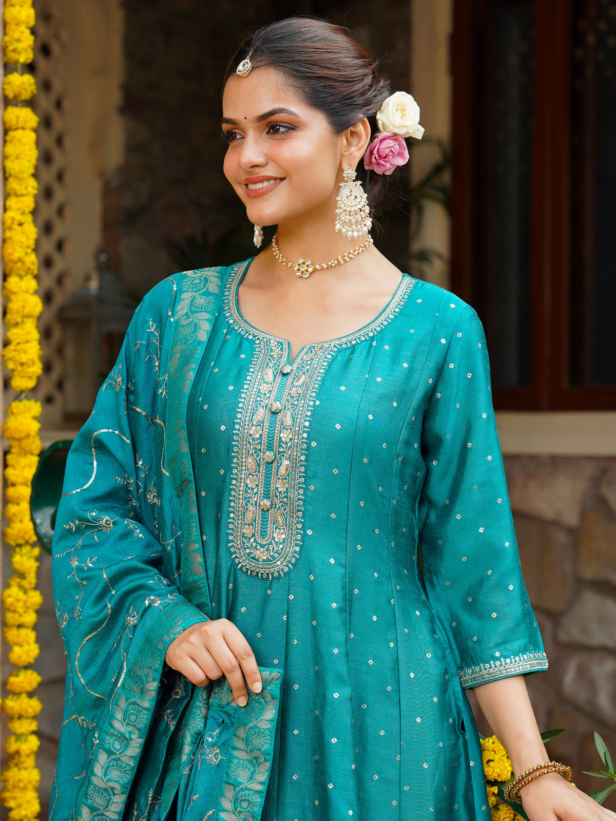 Embroidered Blended Silk Gold Foil Peacock Green Anarakali Kurta