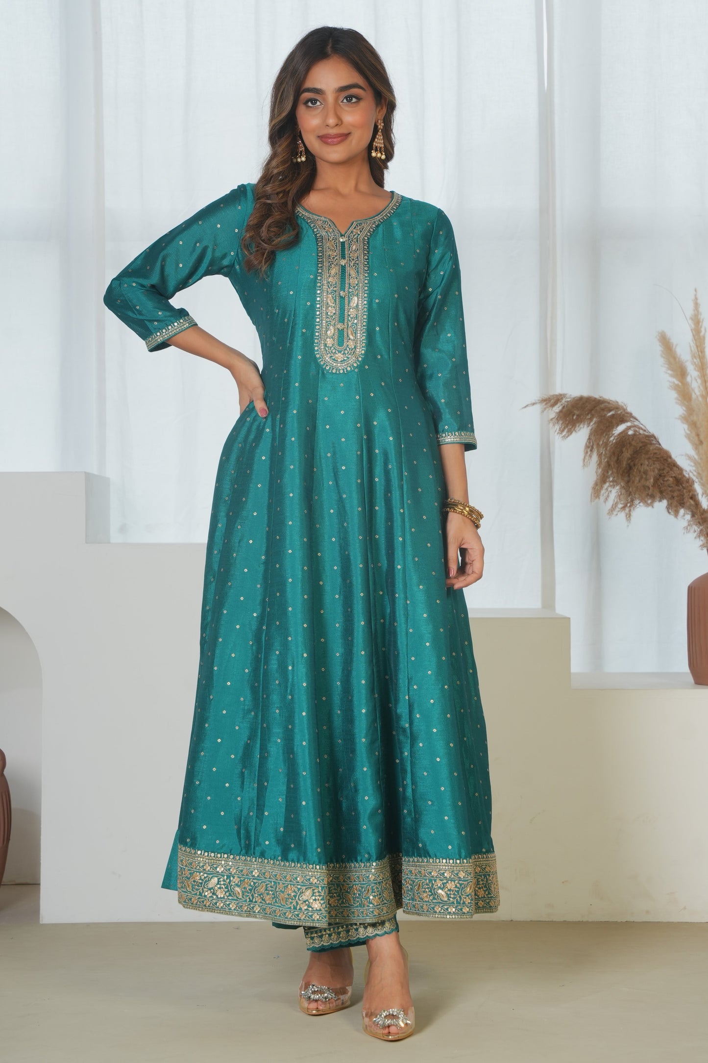 Embroidered Poly Silk Gold foil Peacock Green Kurta