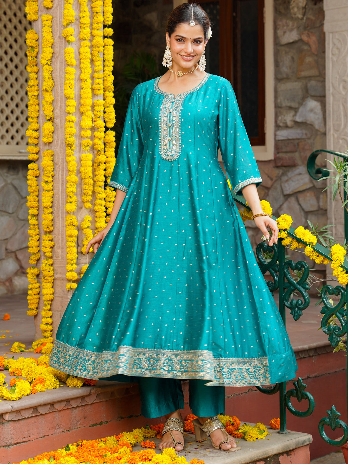 Embroidered Blended Silk Gold Foil Peacock Green Anarakali Kurta