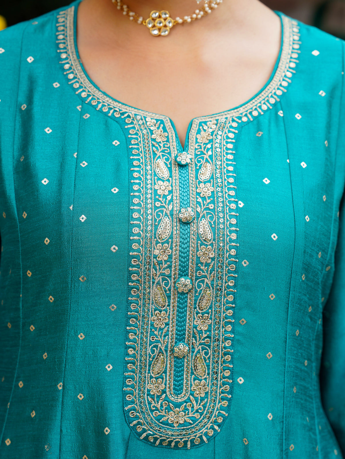 Embroidered Blended Silk Gold Foil Peacock Green Anarakali Kurta