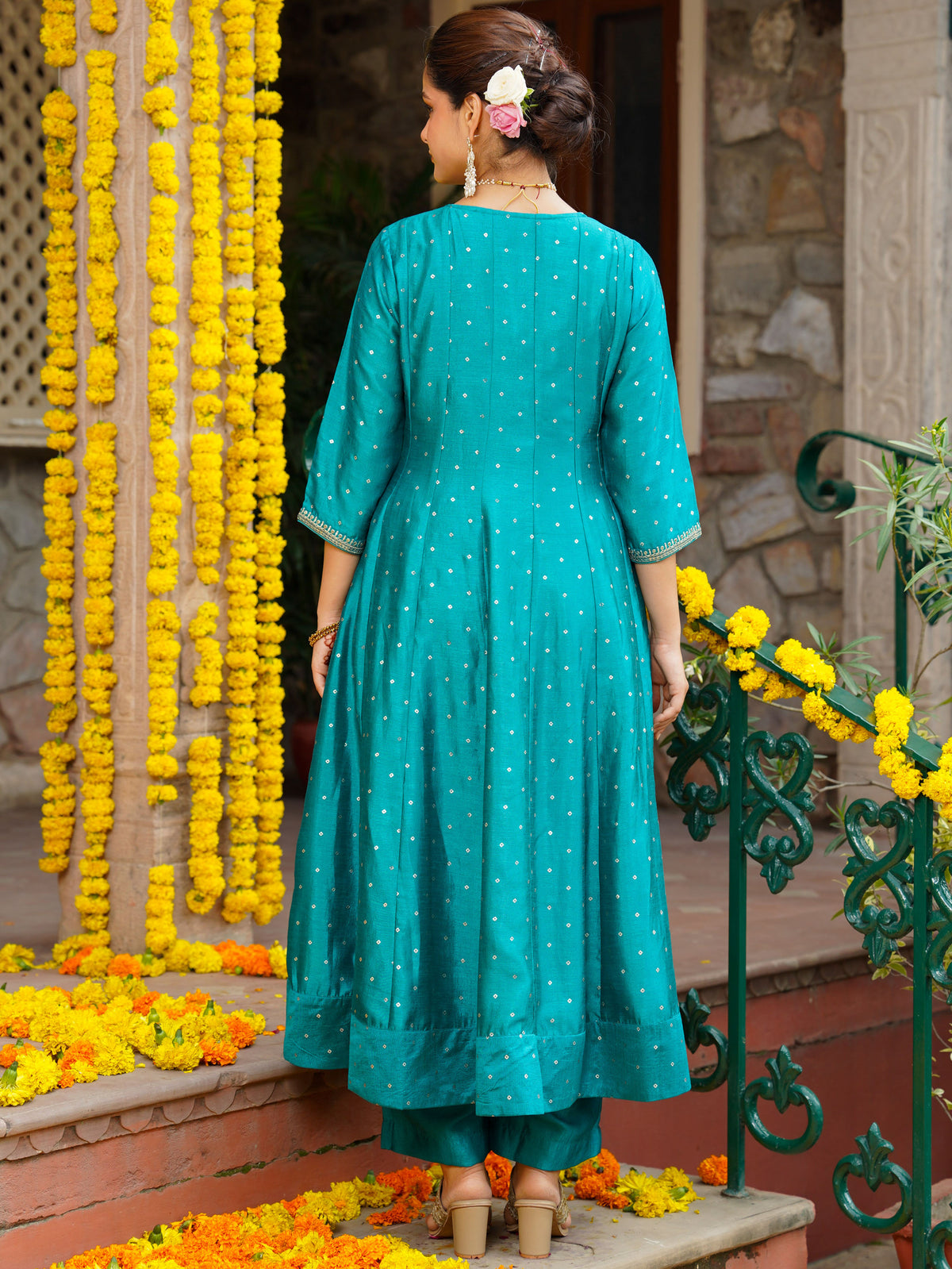 Embroidered Blended Silk Gold Foil Peacock Green Anarakali Kurta