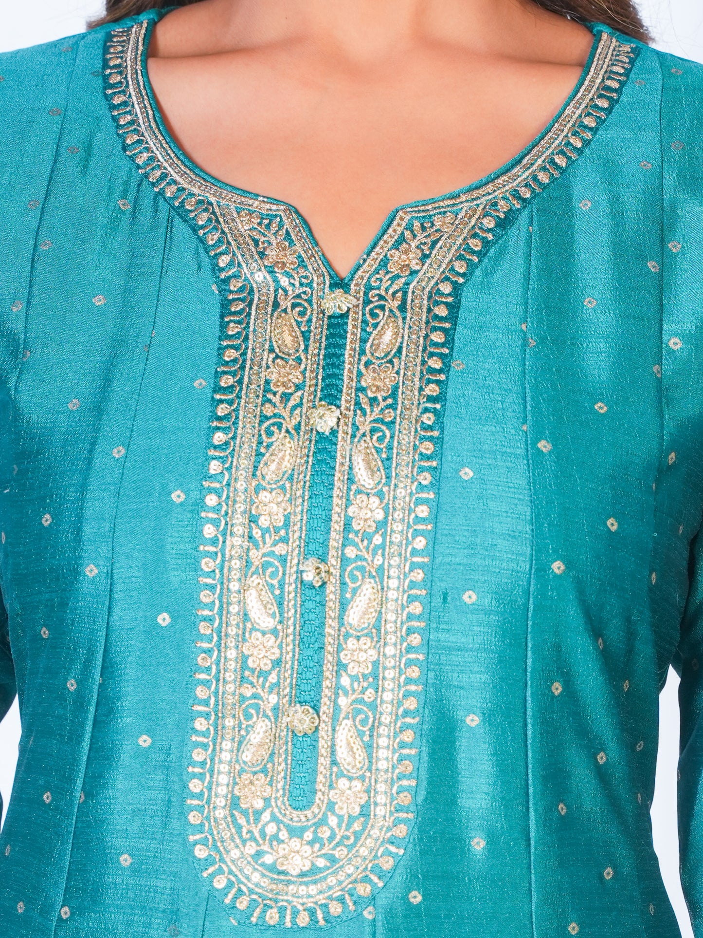 Embroidered Blended Silk Gold foil Peacock Green Kurta