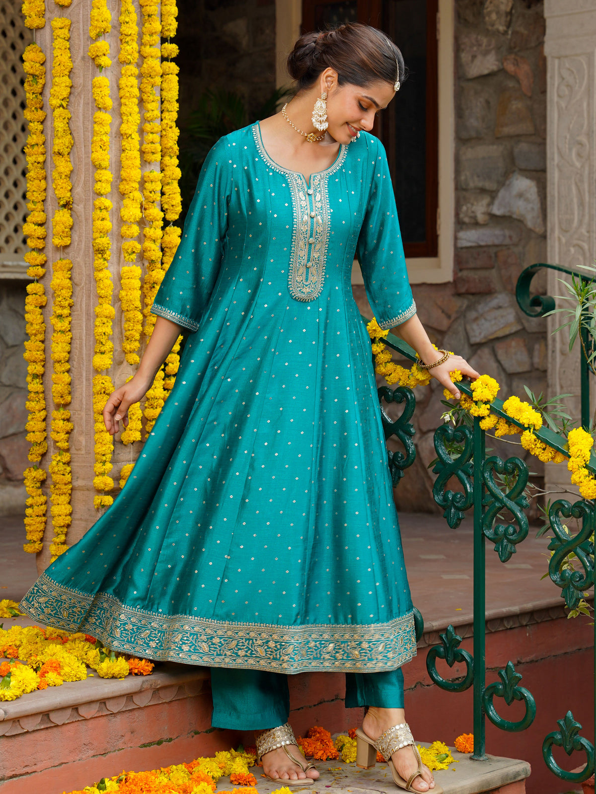 Embroidered Blended Silk Gold Foil Peacock Green Anarakali Kurta