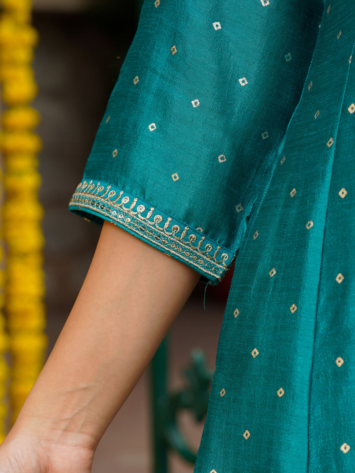 Embroidered Blended Silk Gold Foil Peacock Green Anarakali Kurta