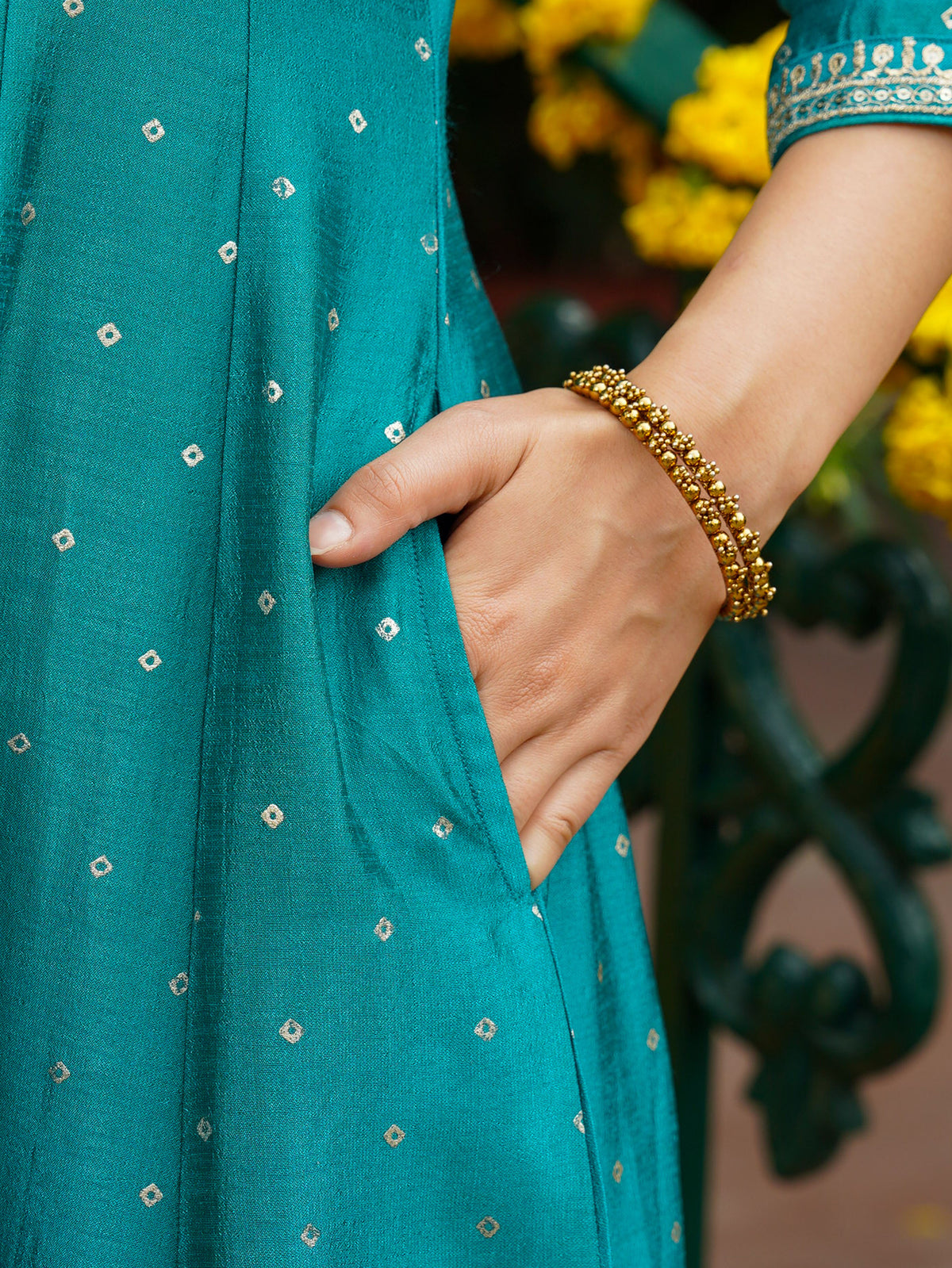 Embroidered Blended Silk Gold Foil Peacock Green Anarakali Kurta