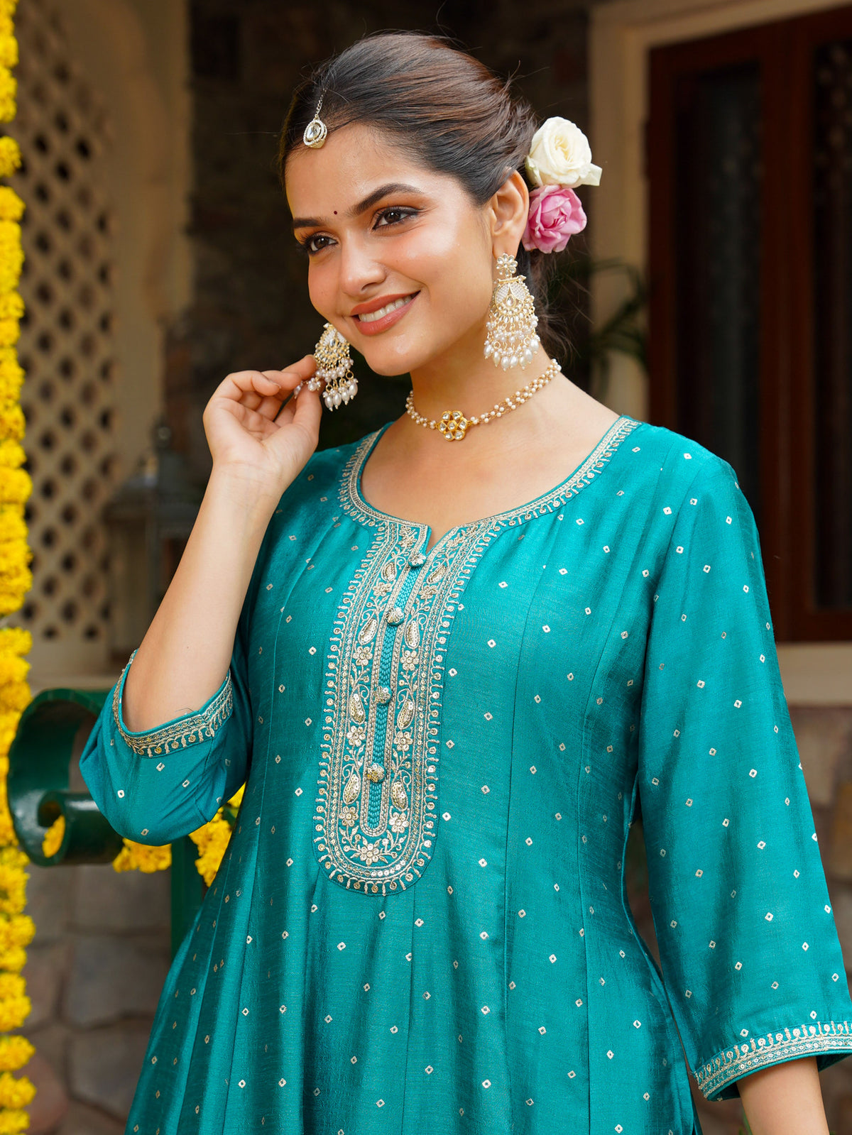 Embroidered Blended Silk Gold Foil Peacock Green Anarakali Kurta