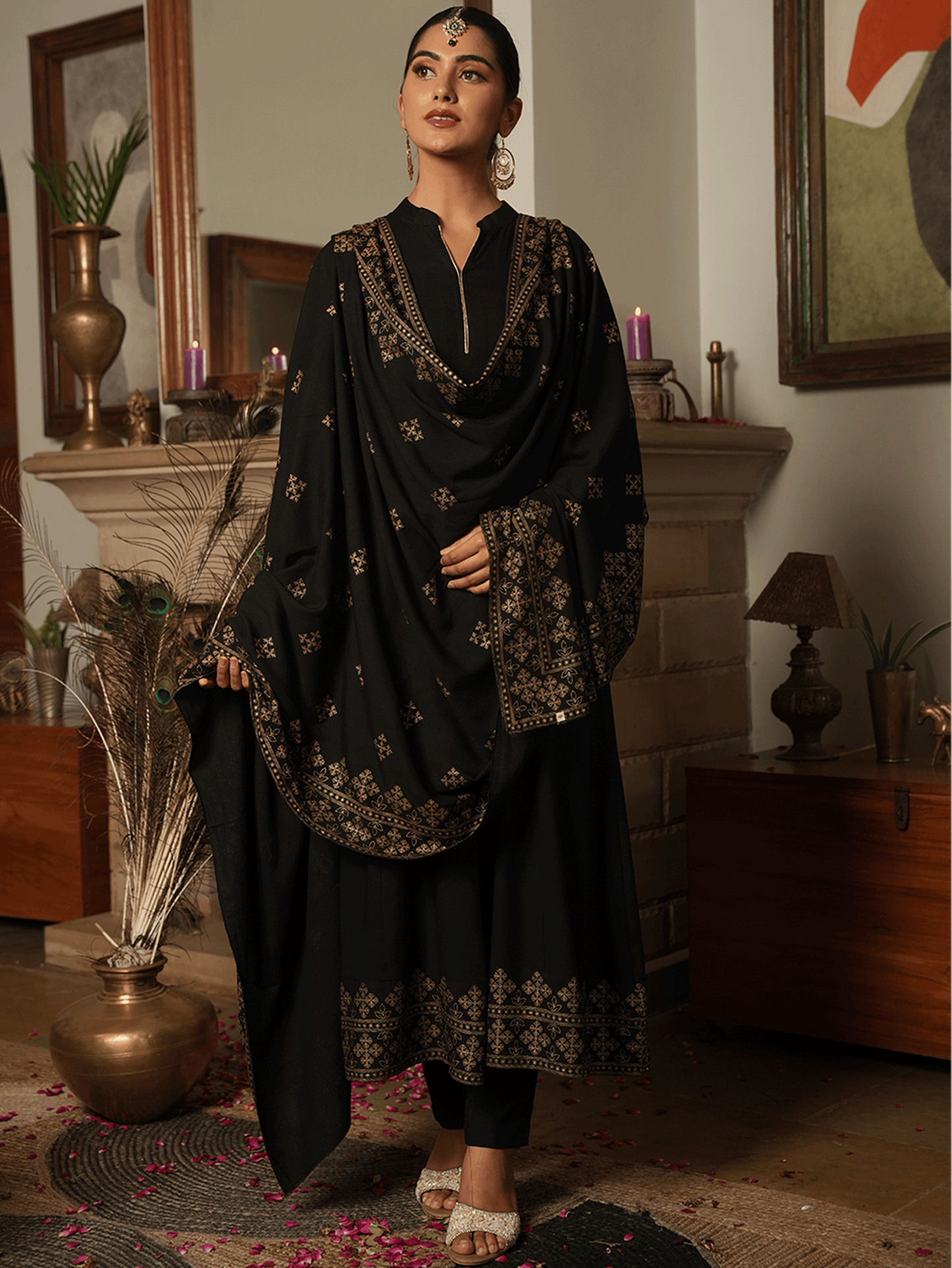 Viscose Gold foil Black Dupatta