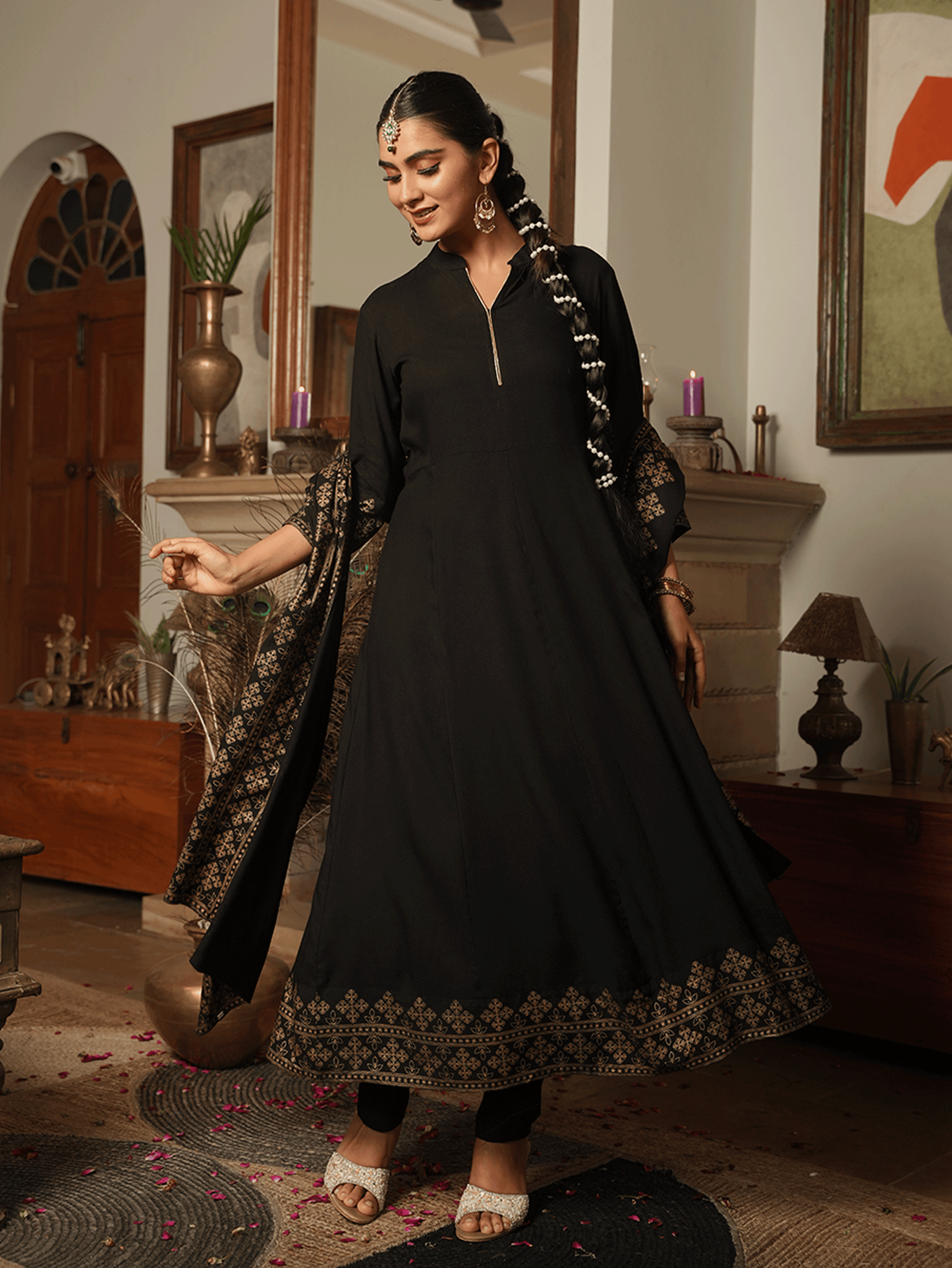 Viscose Gold foil Black Dupatta