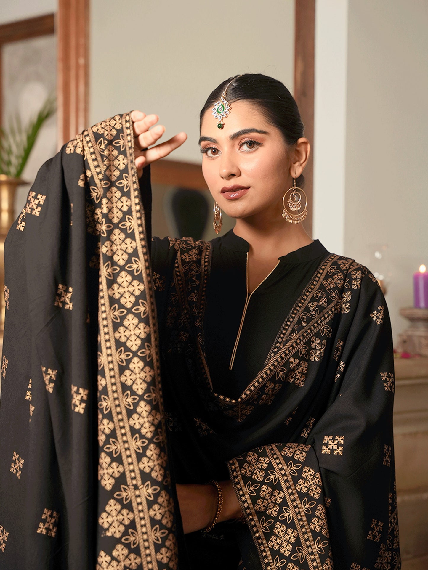 Viscose Gold foil Anarkali Black Kurta