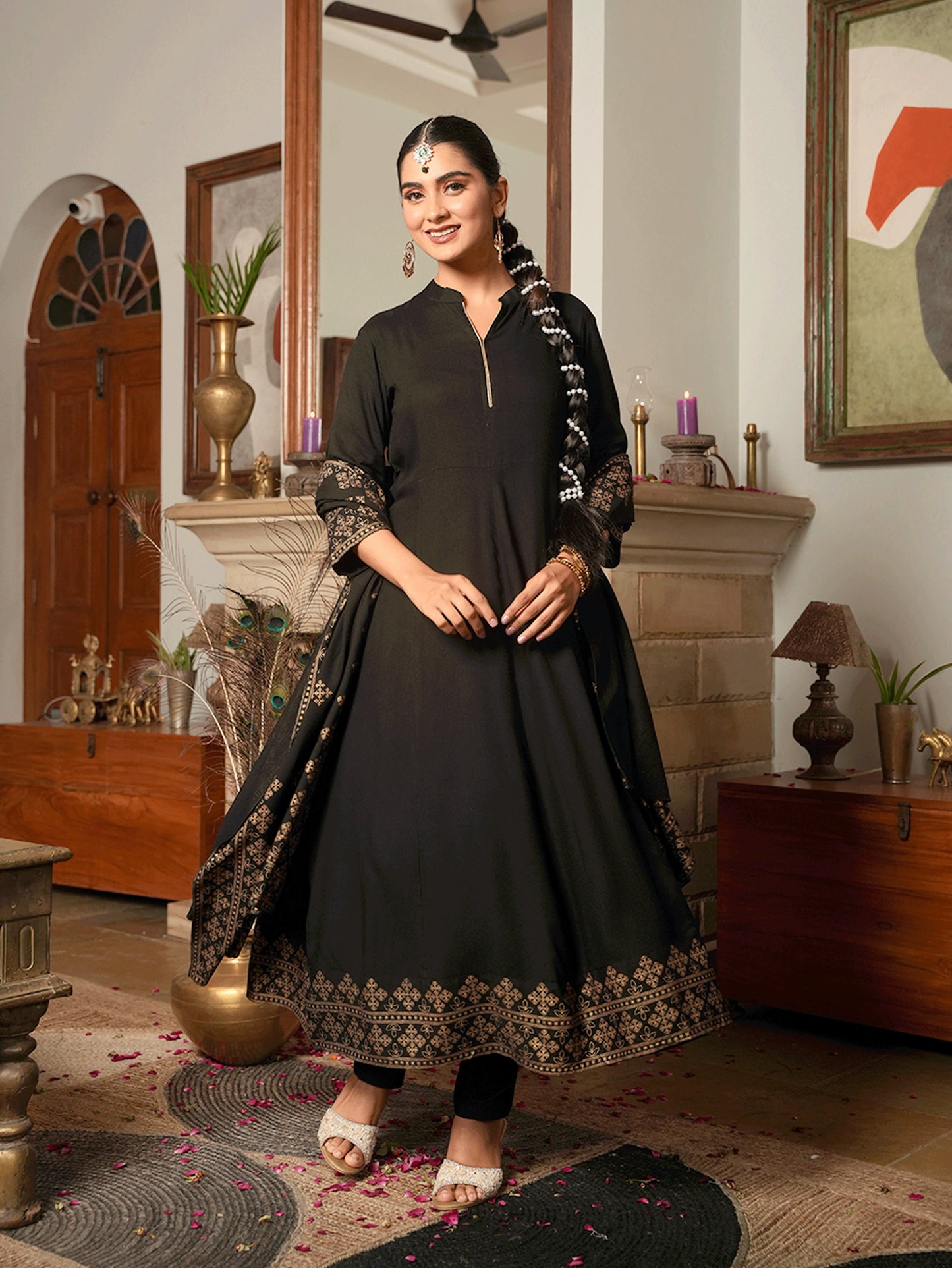 Viscose Gold foil Anarkali Black Kurta