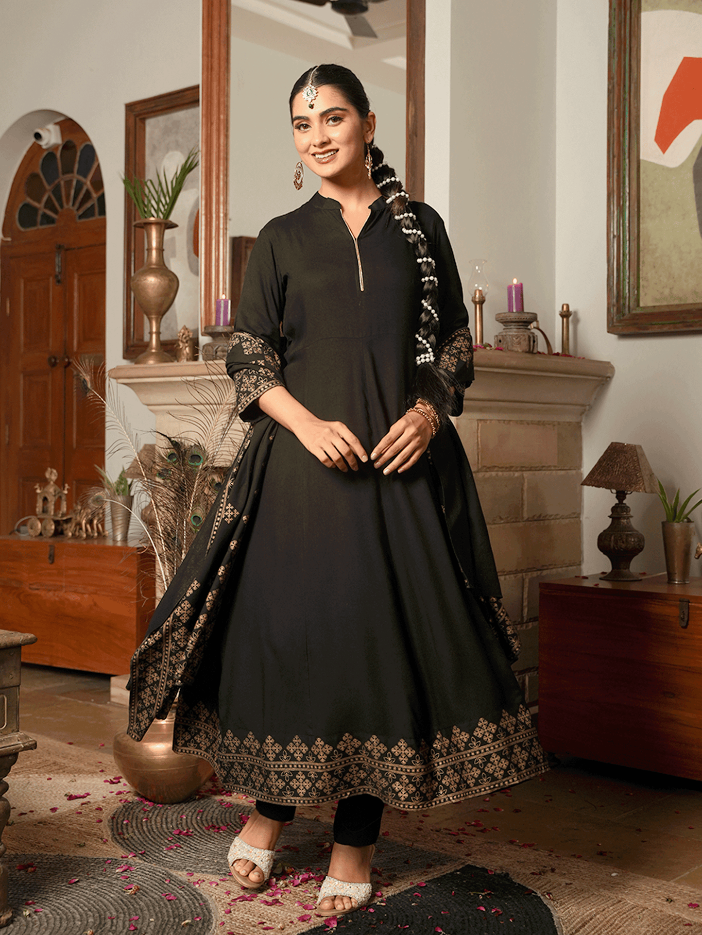 Viscose Gold foil Anarkali Black Kurta