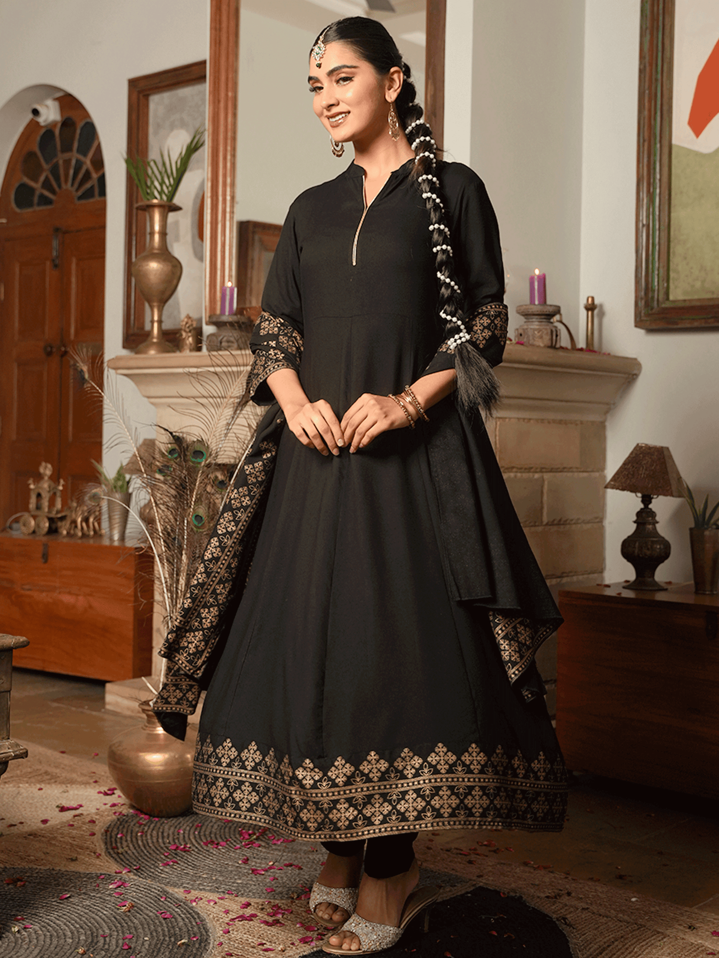 Viscose Gold foil Anarkali Black Kurta
