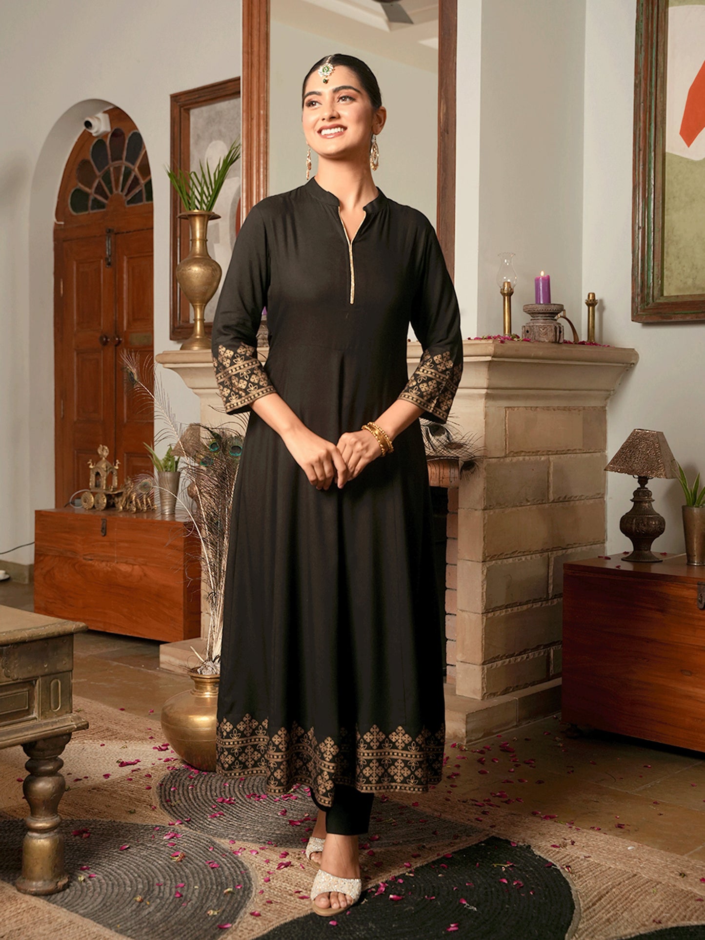 Viscose Gold foil Anarkali Black Kurta