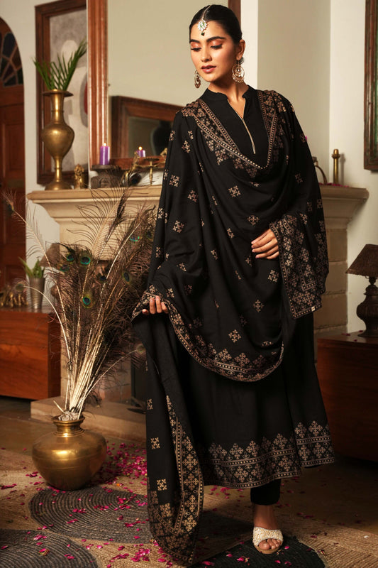 Viscose Gold foil Anarkali Black Kurta