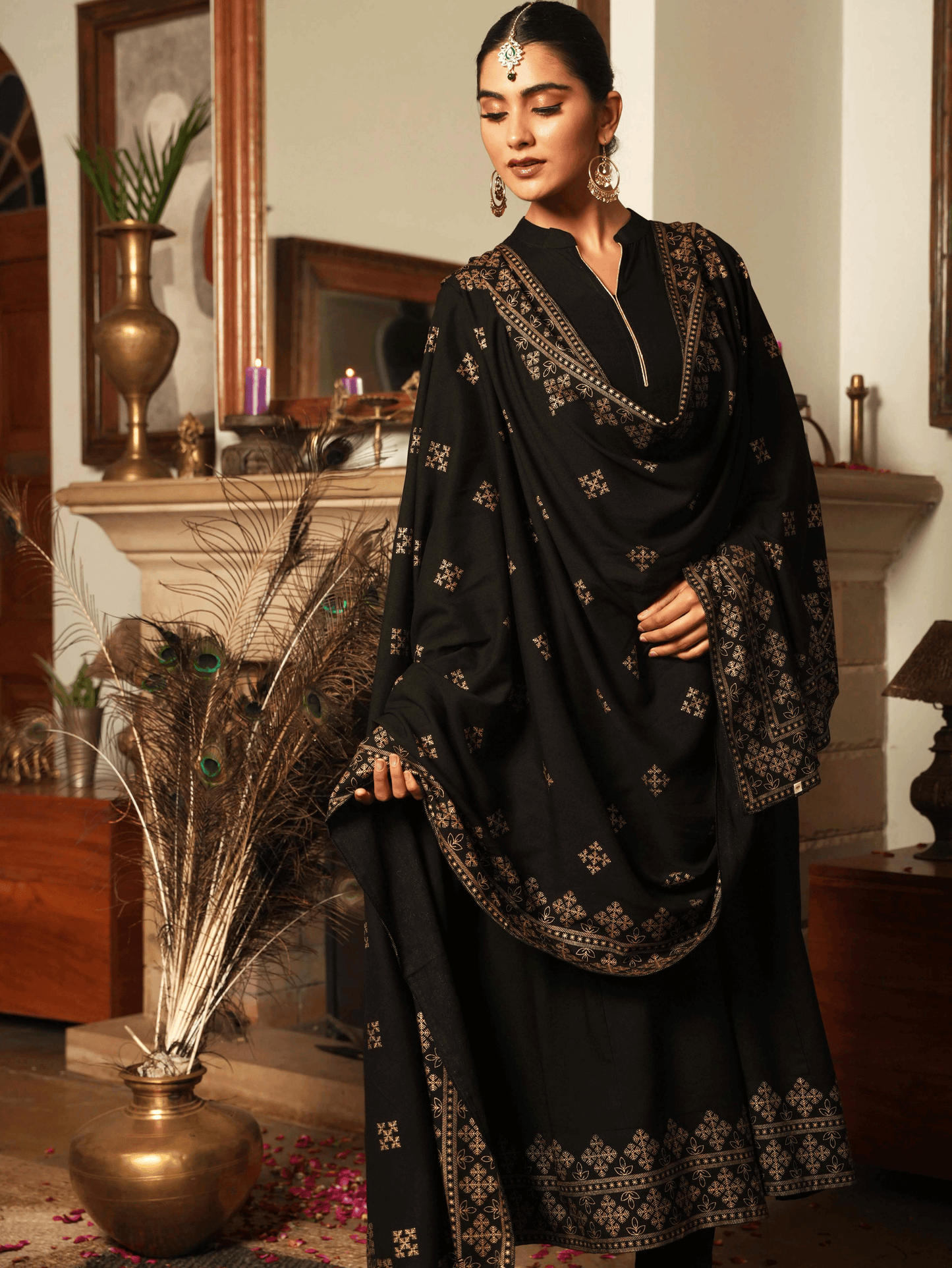Viscose Gold foil Anarkali Black Kurta