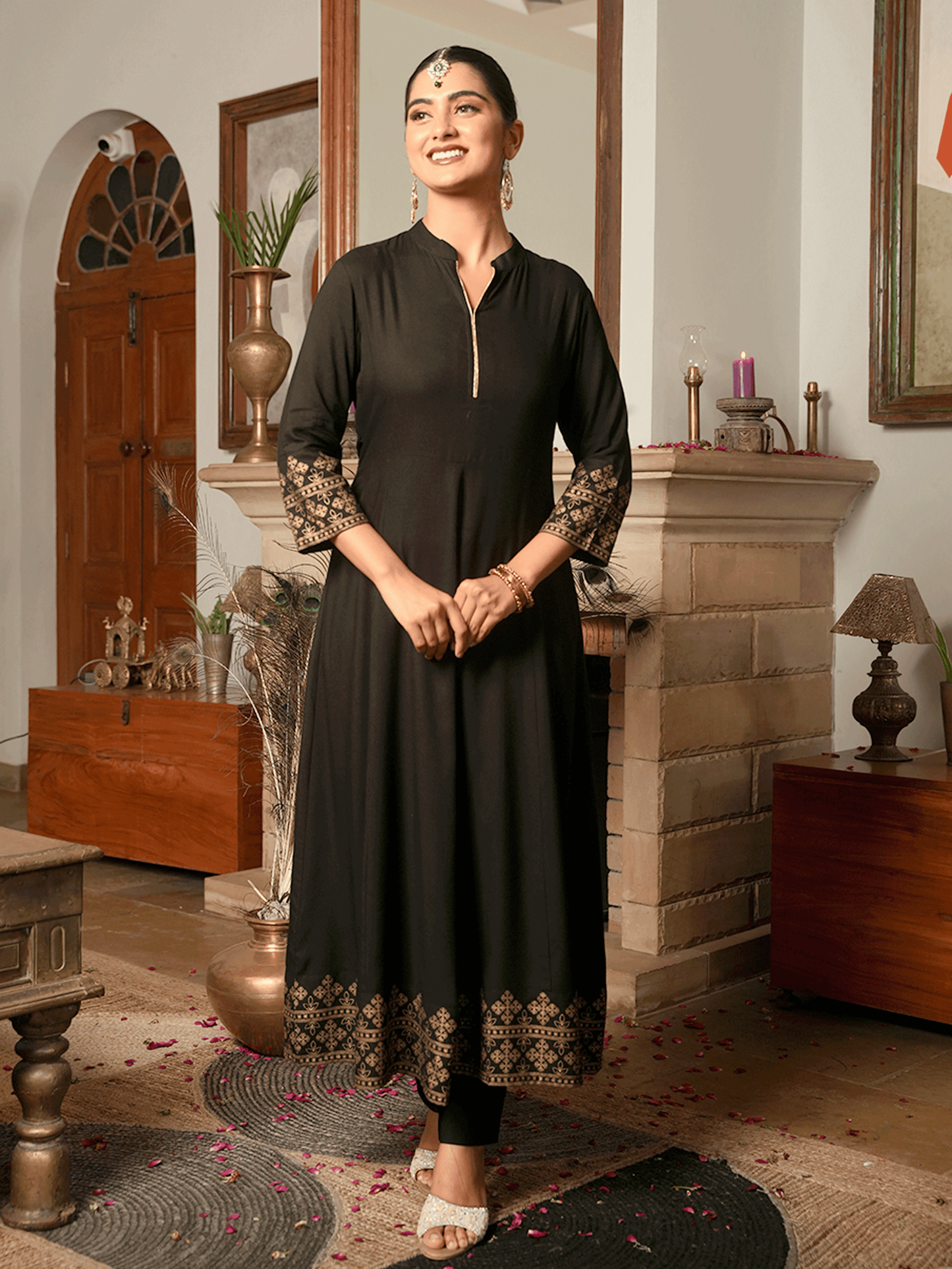 Viscose Gold foil Anarkali Black Kurta