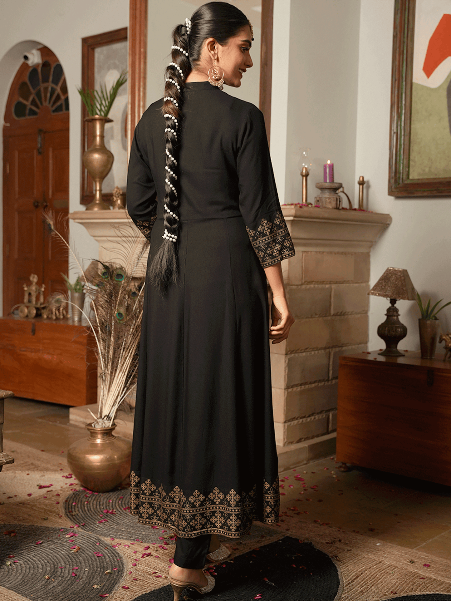 Viscose Gold foil Anarkali Black Kurta