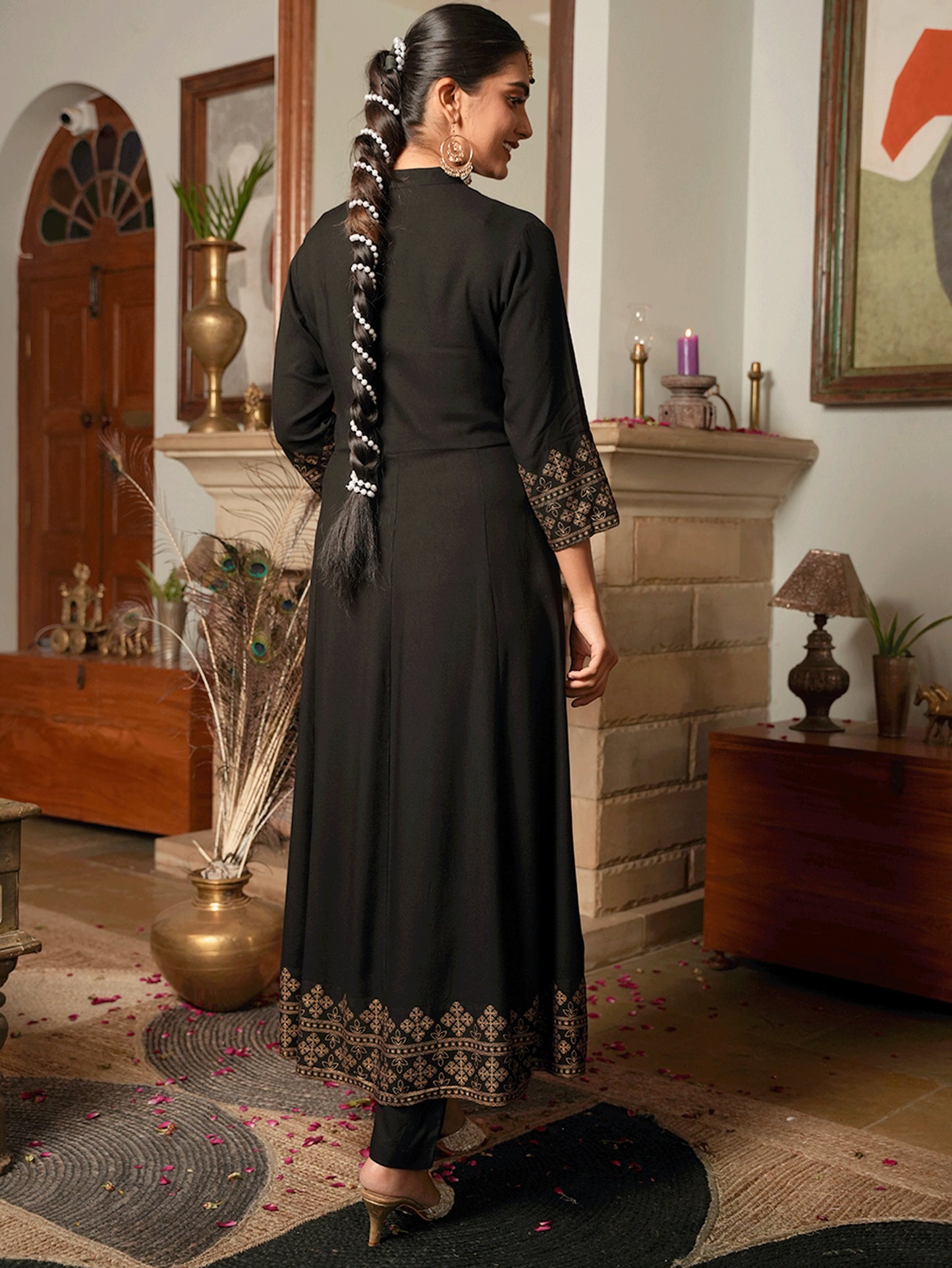 Viscose Gold foil Anarkali Black Kurta