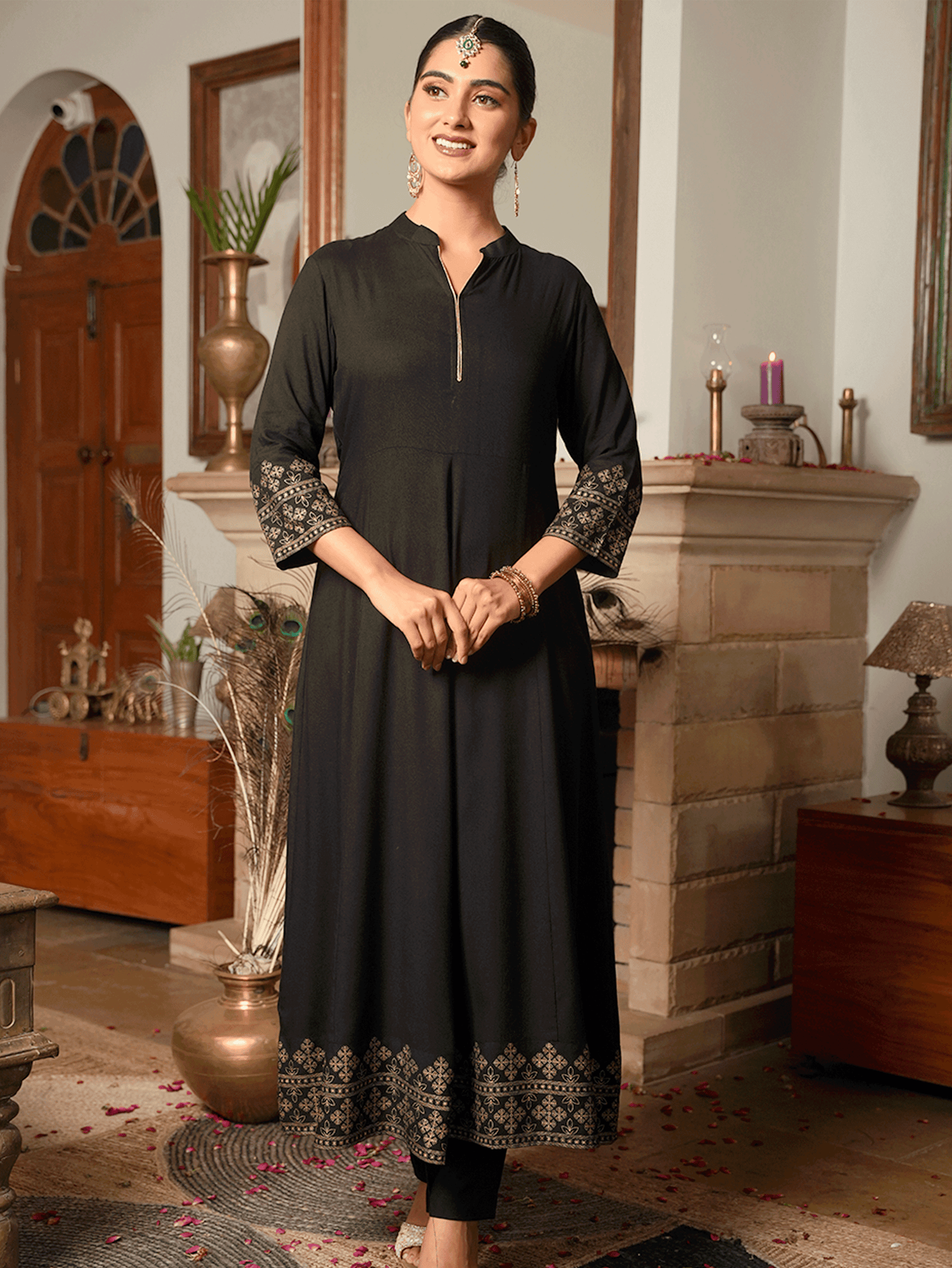Viscose Gold foil Anarkali Black Kurta