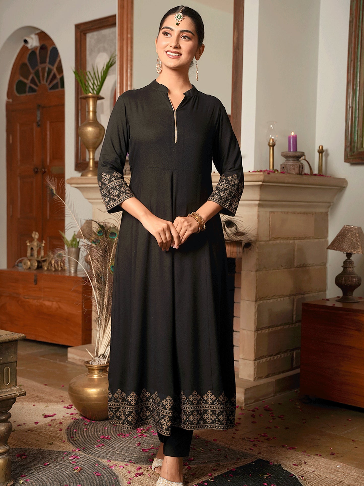 Viscose Gold foil Anarkali Black Kurta