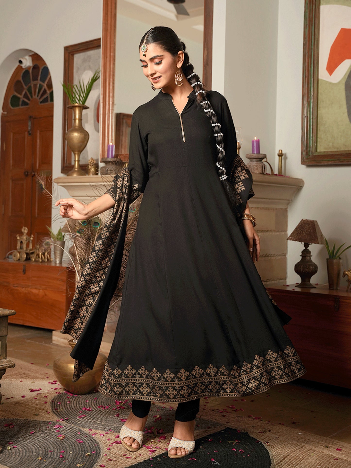 Viscose Gold foil Anarkali Black Kurta