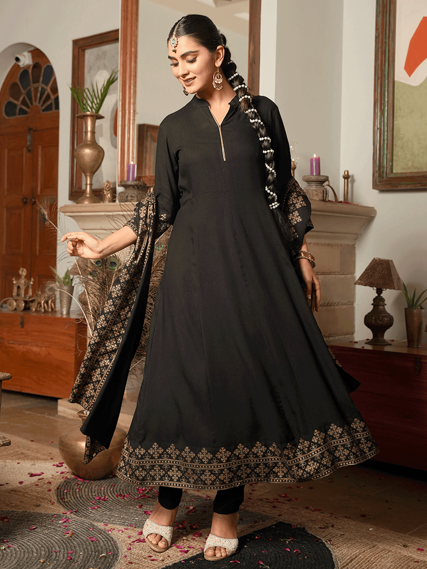 Viscose Gold foil Anarkali Black Kurta