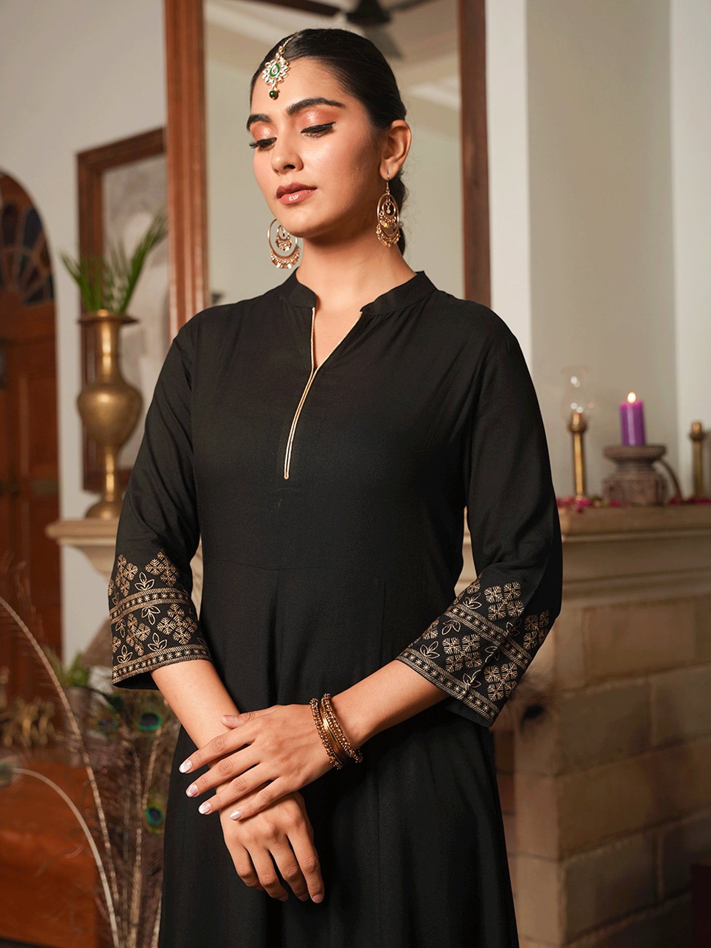 Viscose Gold foil Anarkali Black Kurta