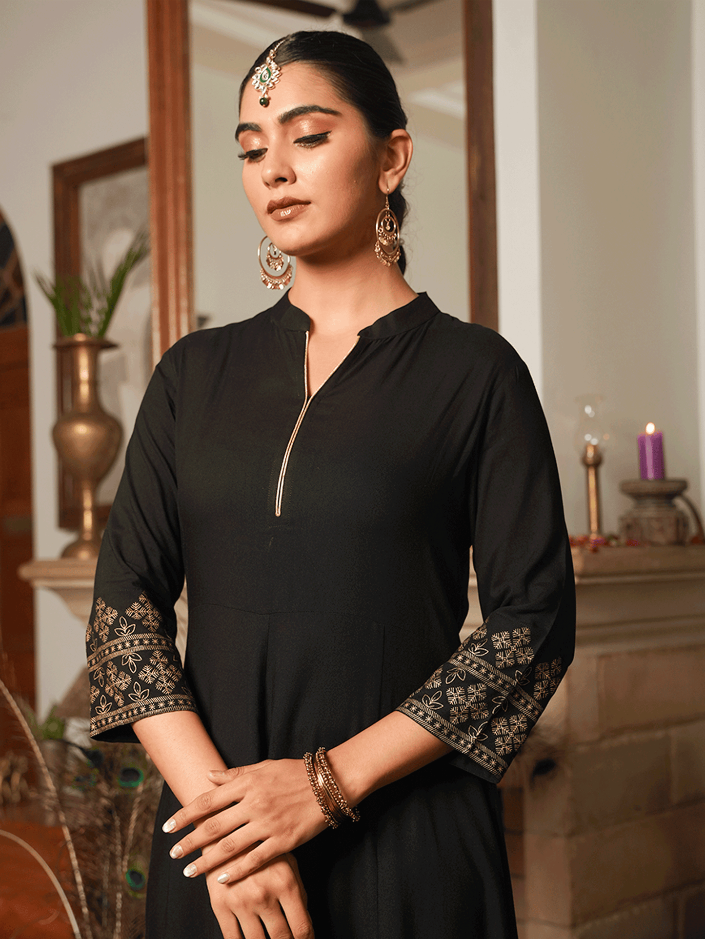 Viscose Gold foil Anarkali Black Kurta
