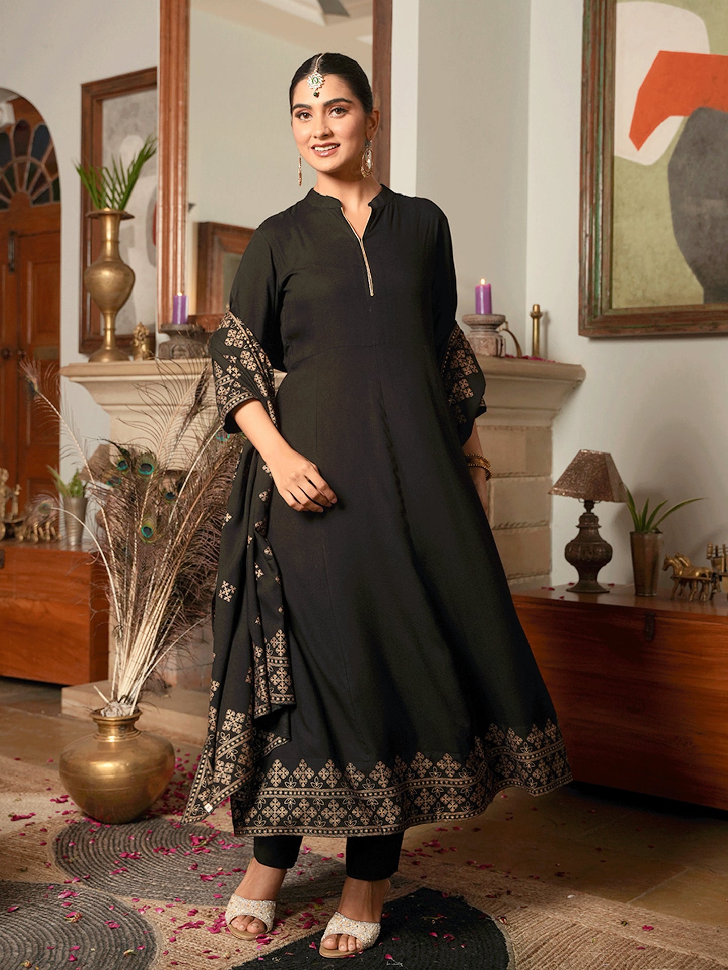 Viscose Gold foil Anarkali Black Kurta