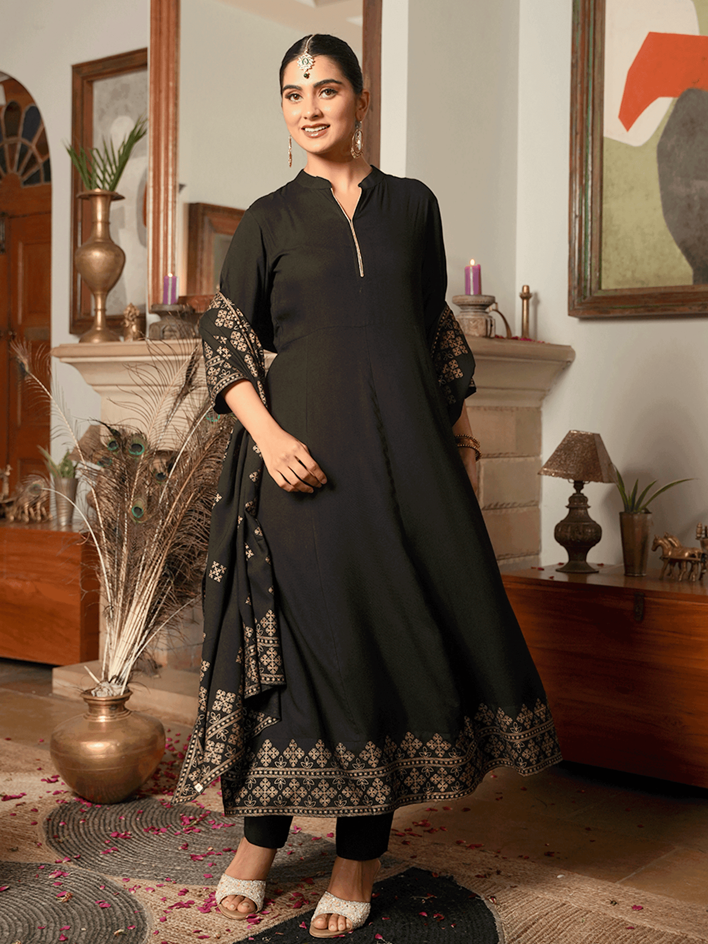 Viscose Gold foil Anarkali Black Kurta