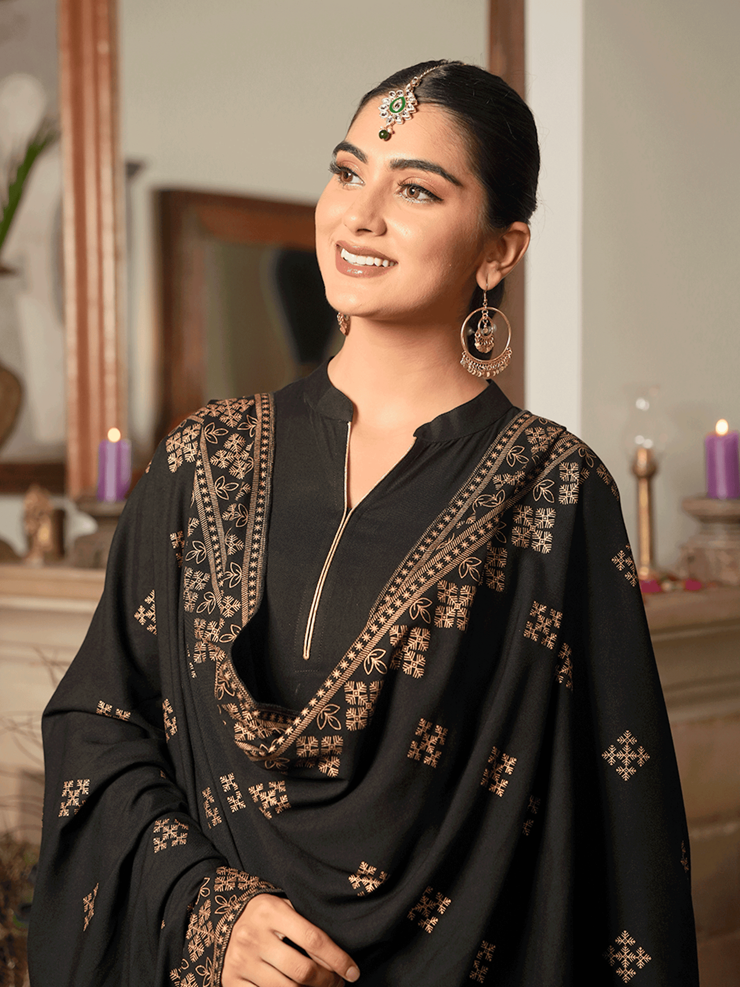 Viscose Gold foil Anarkali Black Kurta
