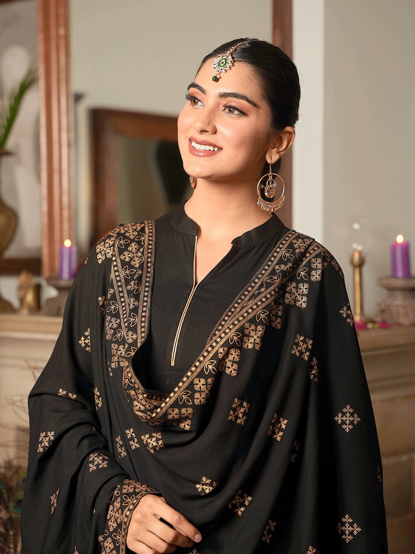 Viscose Gold foil Anarkali Black Kurta