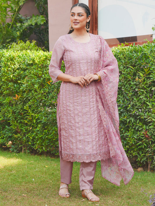 Embroidered Organza Floral Baby Pink Dupatta