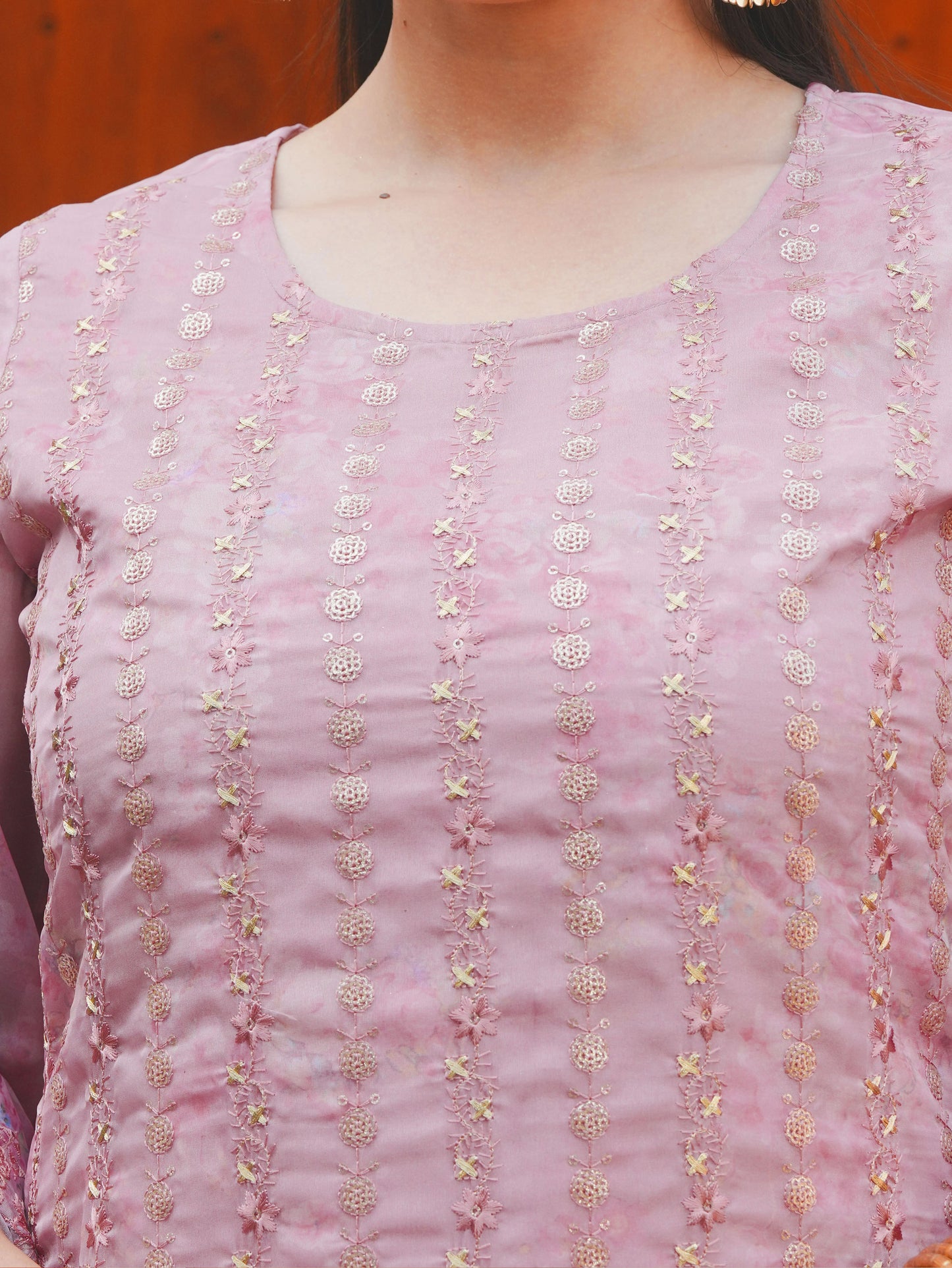 Embroidered Organza Floral Straight Baby Pink Kurta