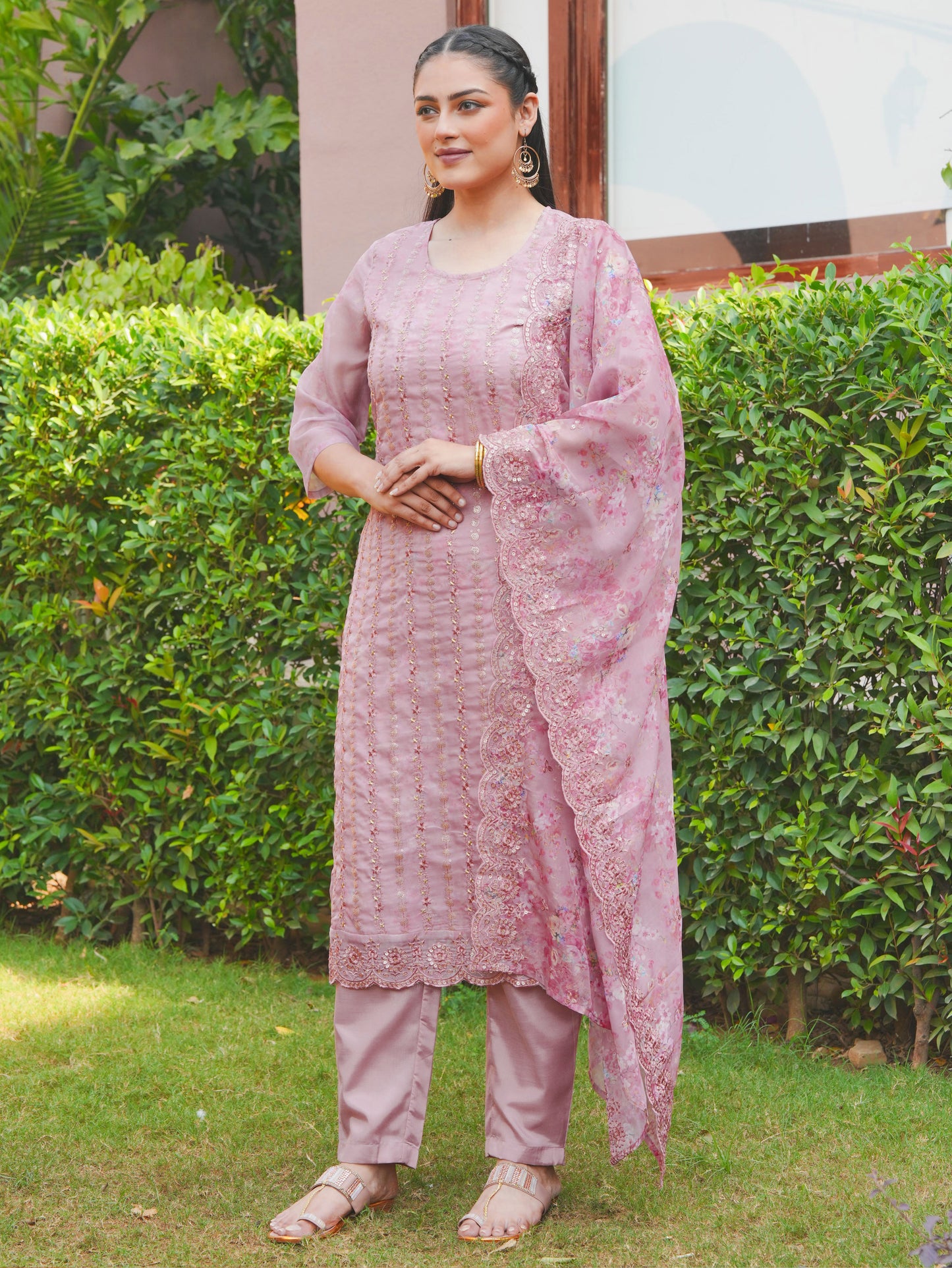 Embroidered Organza Floral Baby Pink Dupatta