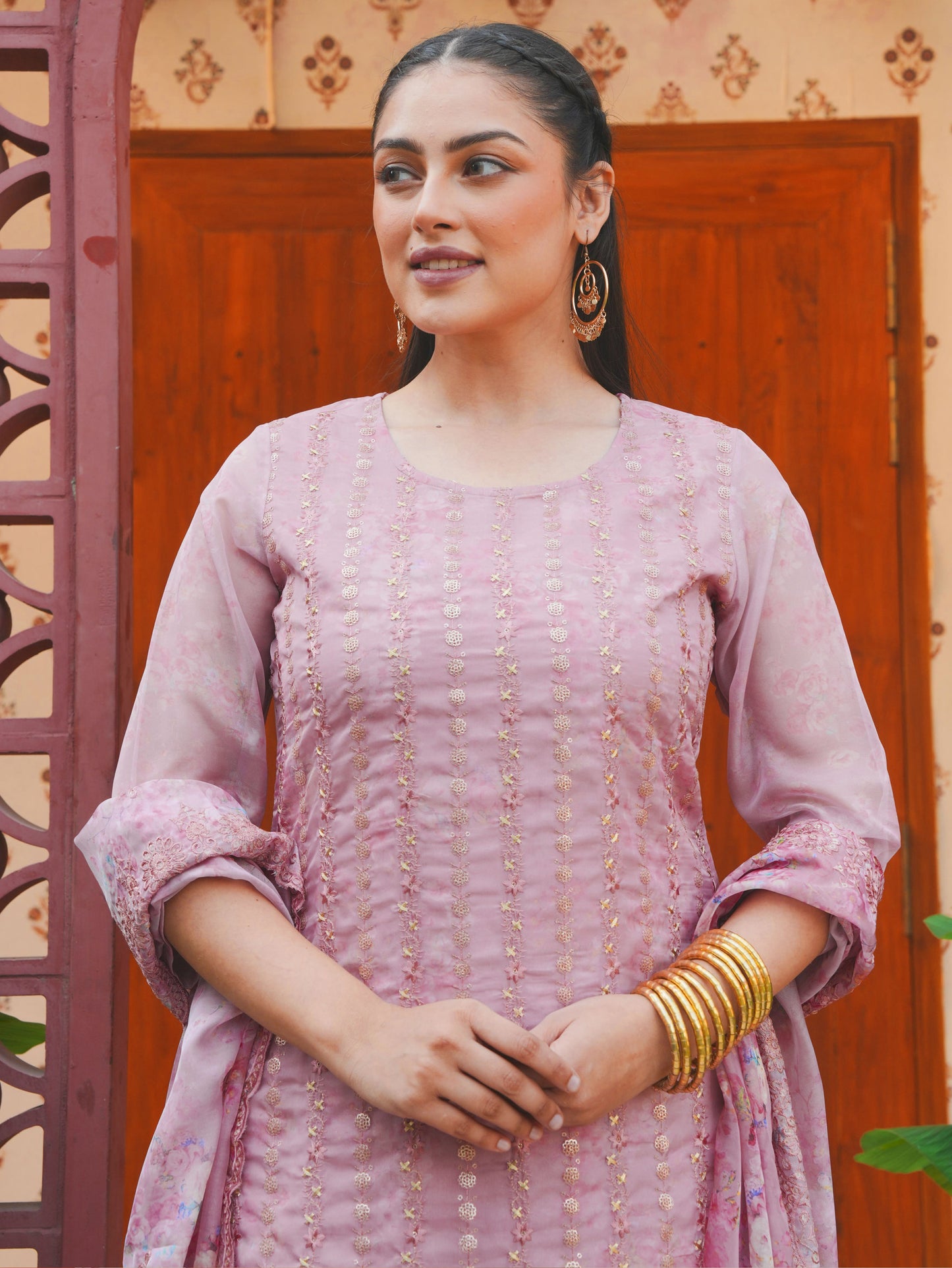 Embroidered Organza Floral Straight Baby Pink Kurta